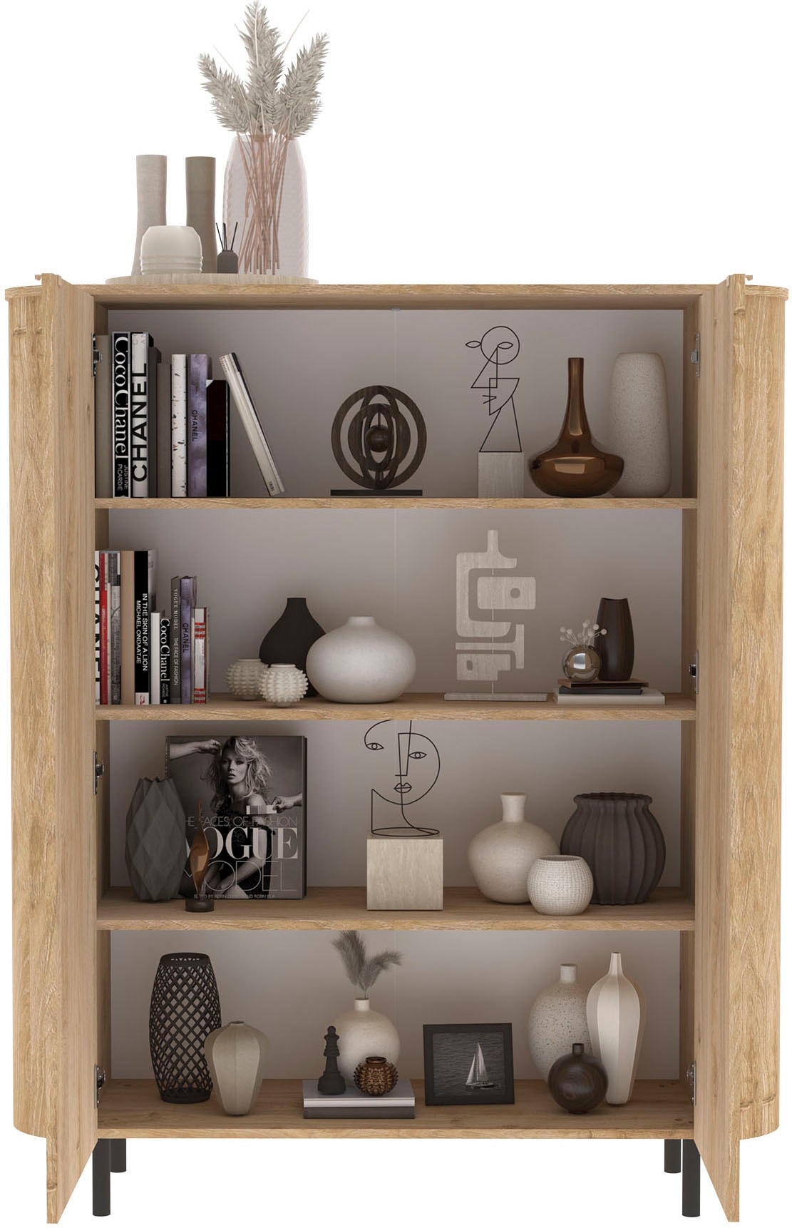 Home affaire Highboard »Murano, B/H 131/154 cm, 2 Türen, Stauraumschrank, Hochkommode« Formgebogenes MDF, Stirnseiten mit Rundung, Füße und Griffe aus Metall