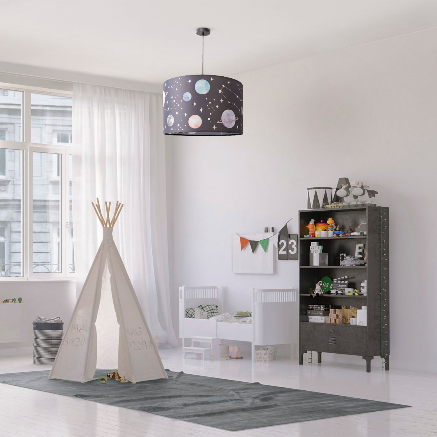 Paco Home Pendelleuchte »Hugo Cosmo«, Leuchtmittel E27 | ohne Leuchtmittel, Pendellampe Kinderzimmer Stoff Lampenschirm Rund Planeten Sterne E27