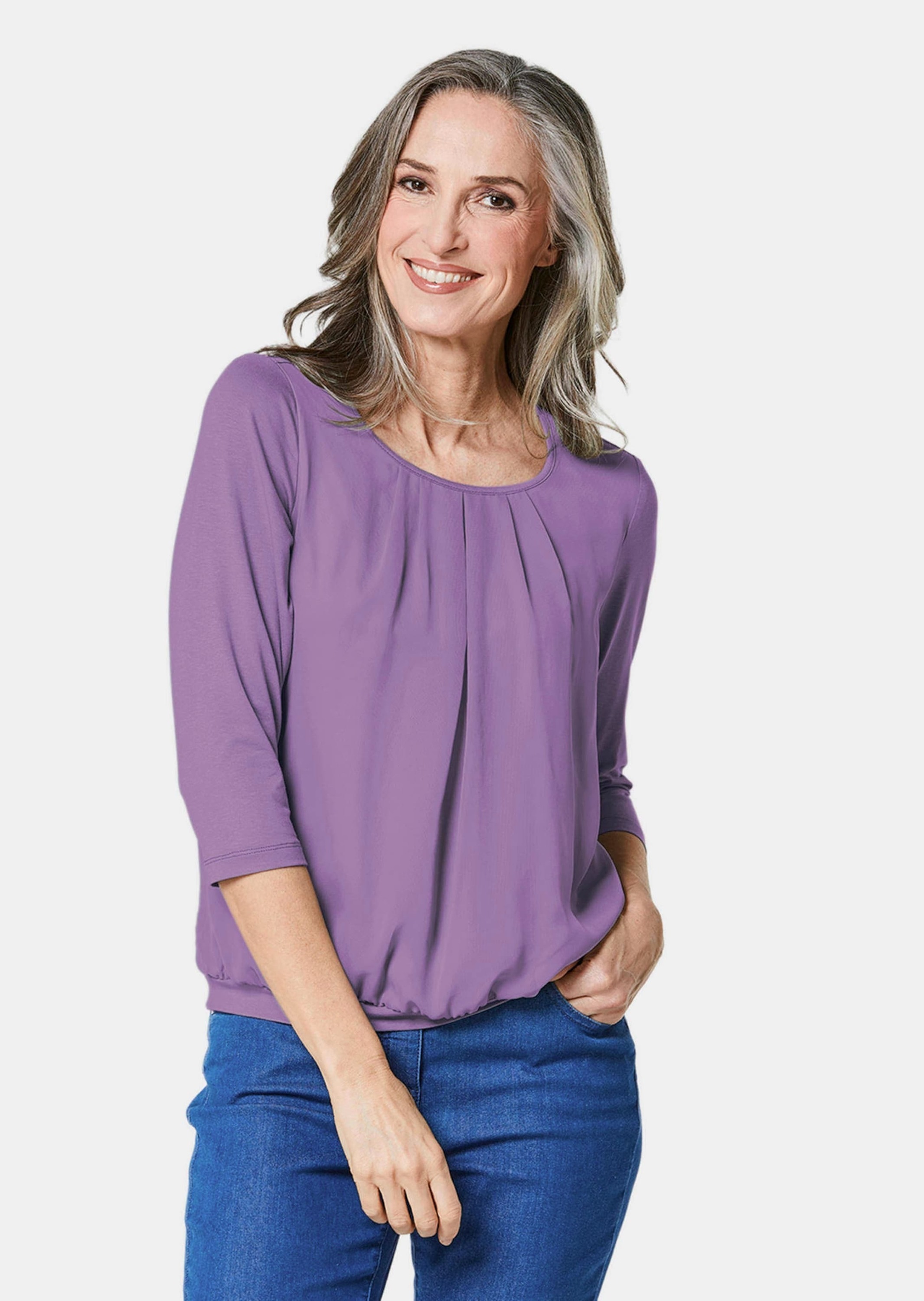 GOLDNER Kurzarmbluse »Chiffon-Shirt mit 3/4-Arm, Rundhals«