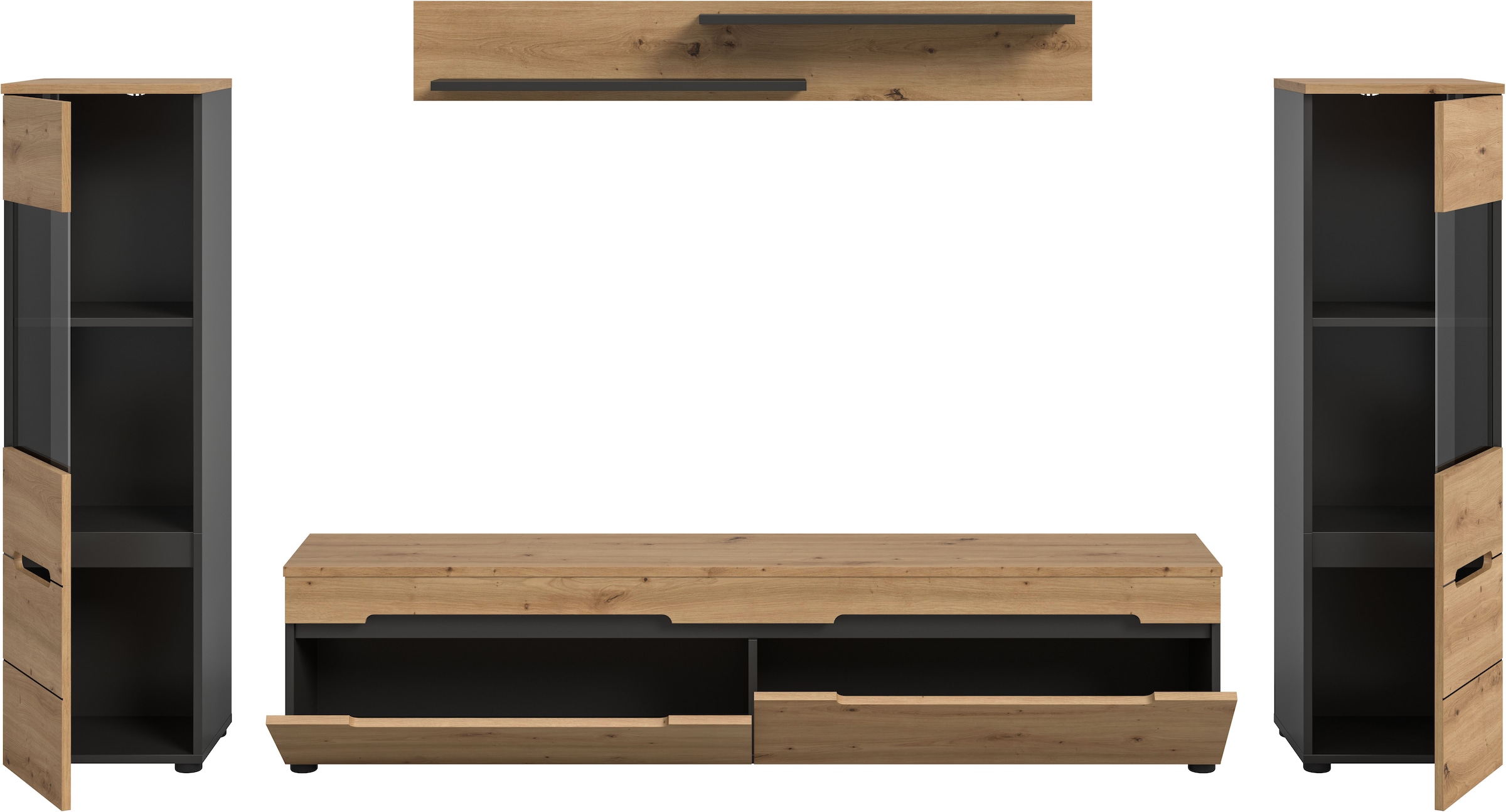 INOSIGN Wohnwand »REHAT, TOPSELLER!, 4-teilig, wahlweise stehend und hängend montierbar« Set bestehend aus: 2x Vitrine, Lowboard und Wandboard, 3 Stk. tlg.