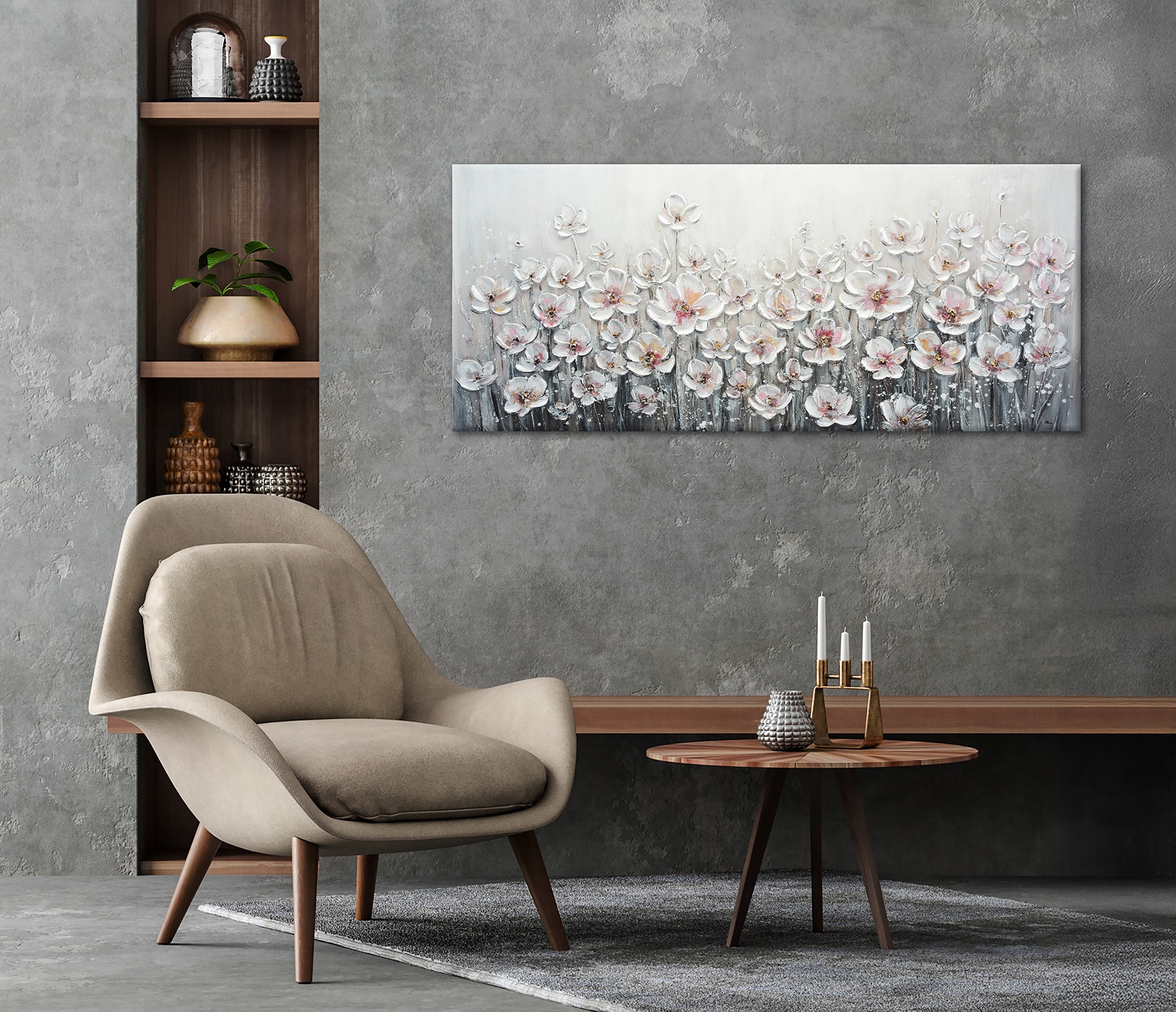 Bönninghoff Ölgemälde »handarbeit WEISSE BLUMEN XXL 60x140 cm – Wandbild Kunst Deko« Blumen | Blumenbilder | Gemälde | Kunst | Pflanzen 1 Stk. tlg. handgefertigt, jedes Bild ein Unikat