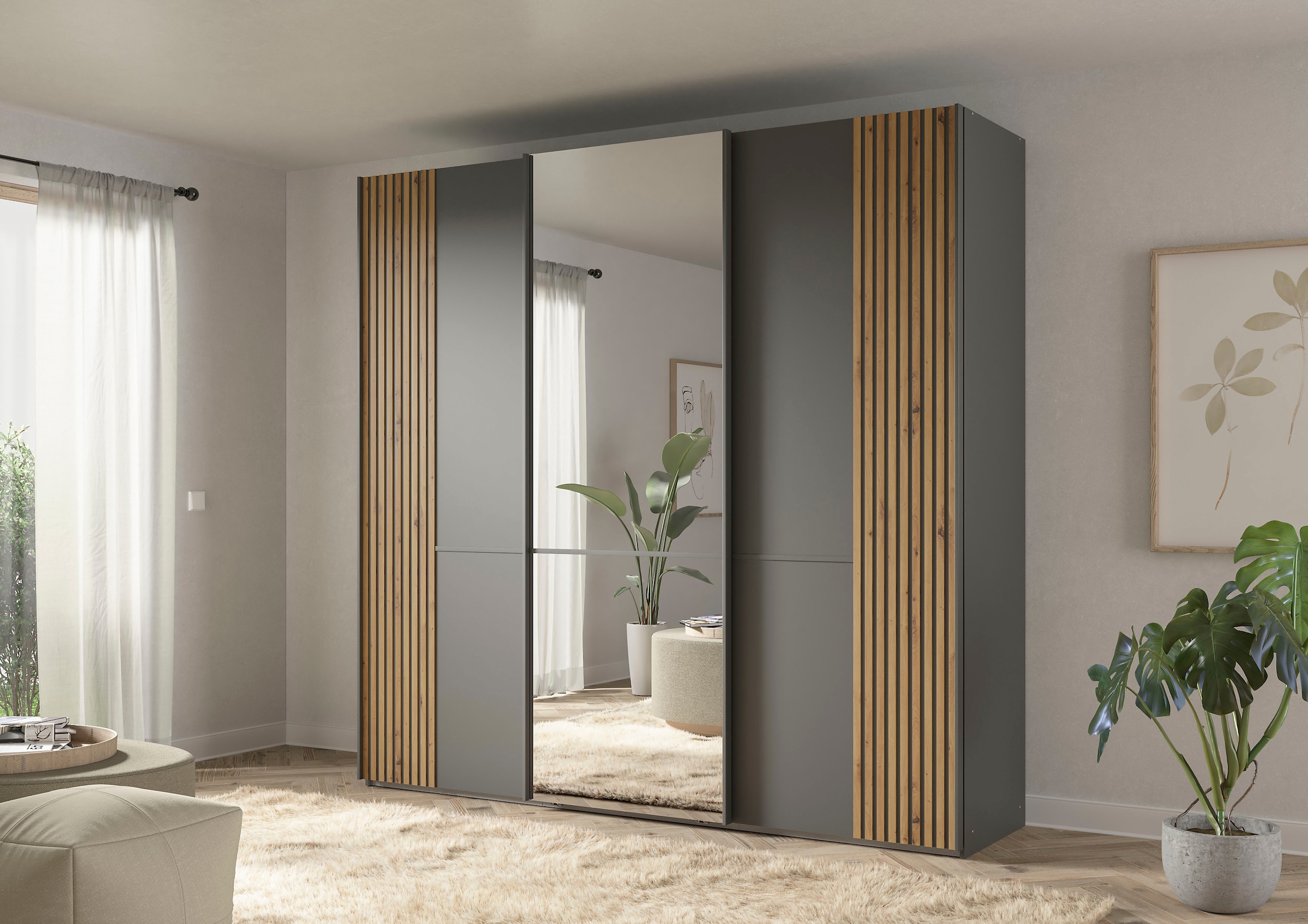 Musterring Schwebetürenschrank »Isabelle« Türen mit Lamellenoptik, mittige Spiegeltür, verschiedene Größen