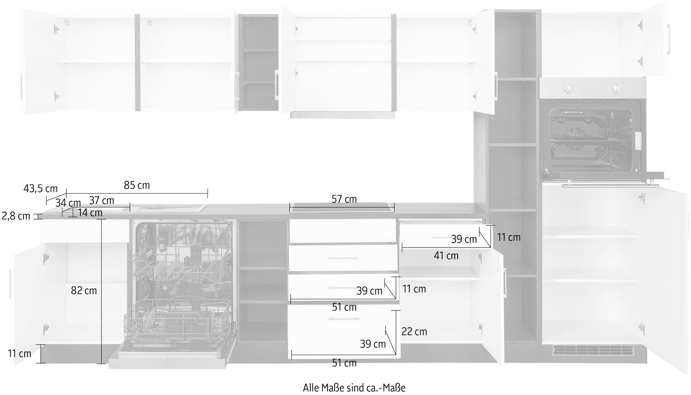 KOCHSTATION Küchenzeile »KS-Paris«, mit E-Geräten, Breite 340 cm, wahlweise mit Induktionskochfeld
