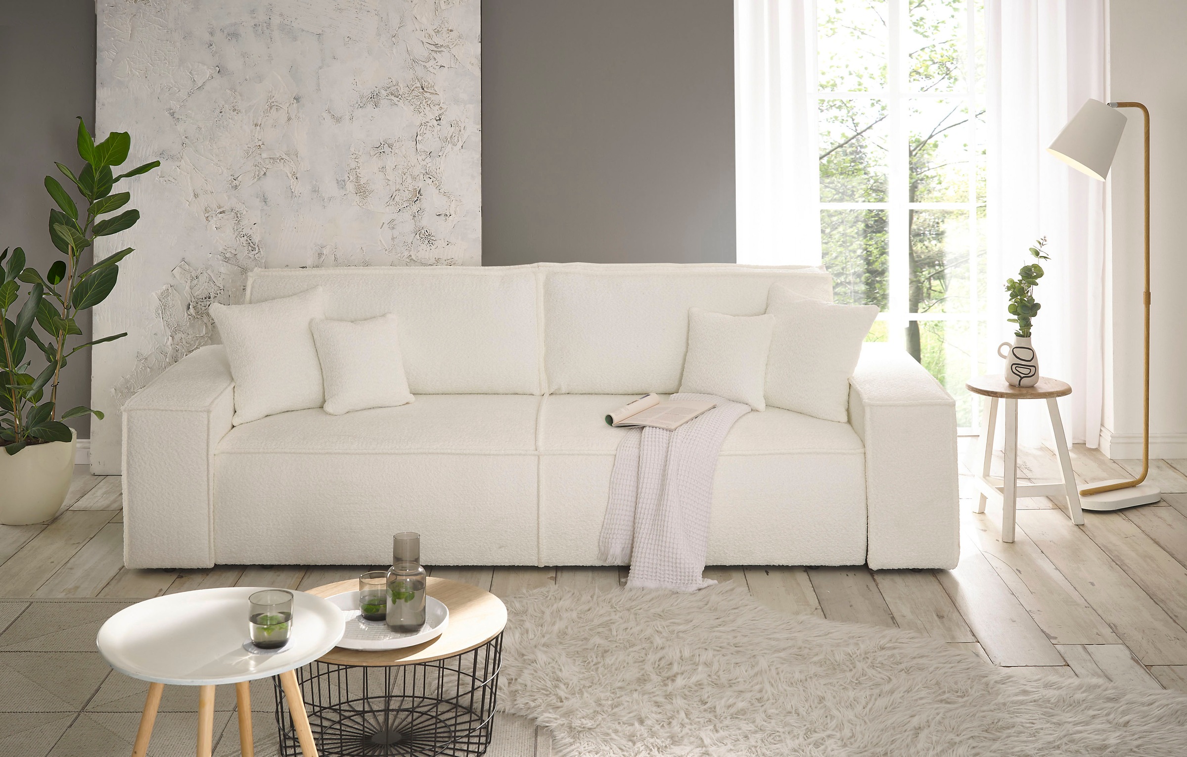 andas 3-Sitzer »FINNLEY Schlafsofa 257 cm, Schlaffunktion mit Bettkasten (200/136cm)«, in Aqua Clean-Bouclé, Struktur fein u. Cord