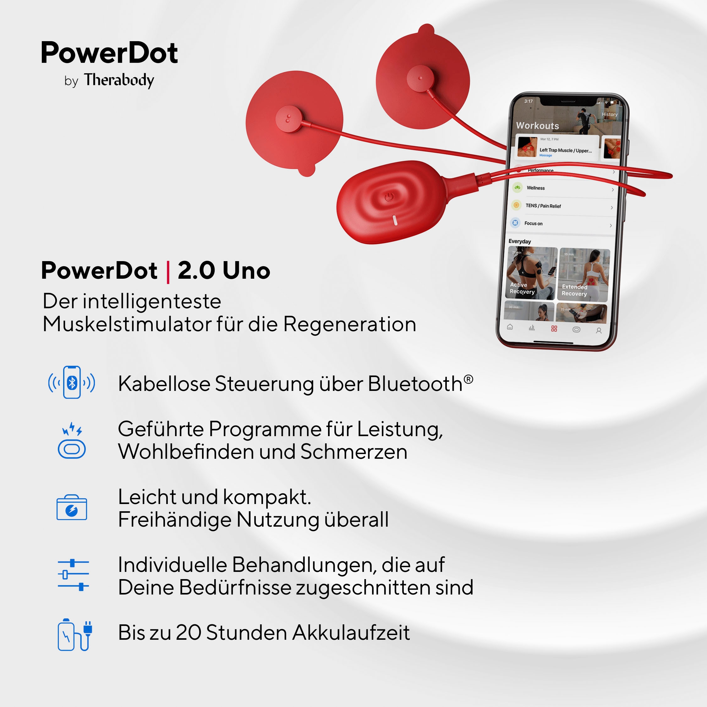 Therabody TENS-EMS-Gerät »PowerDot UNO RED 2.0 Muskelstimulator, bis zu 20 Stunden Akkulaufzeit«, Schmerzlinderung, Muskelaufbau, Muskelerholung