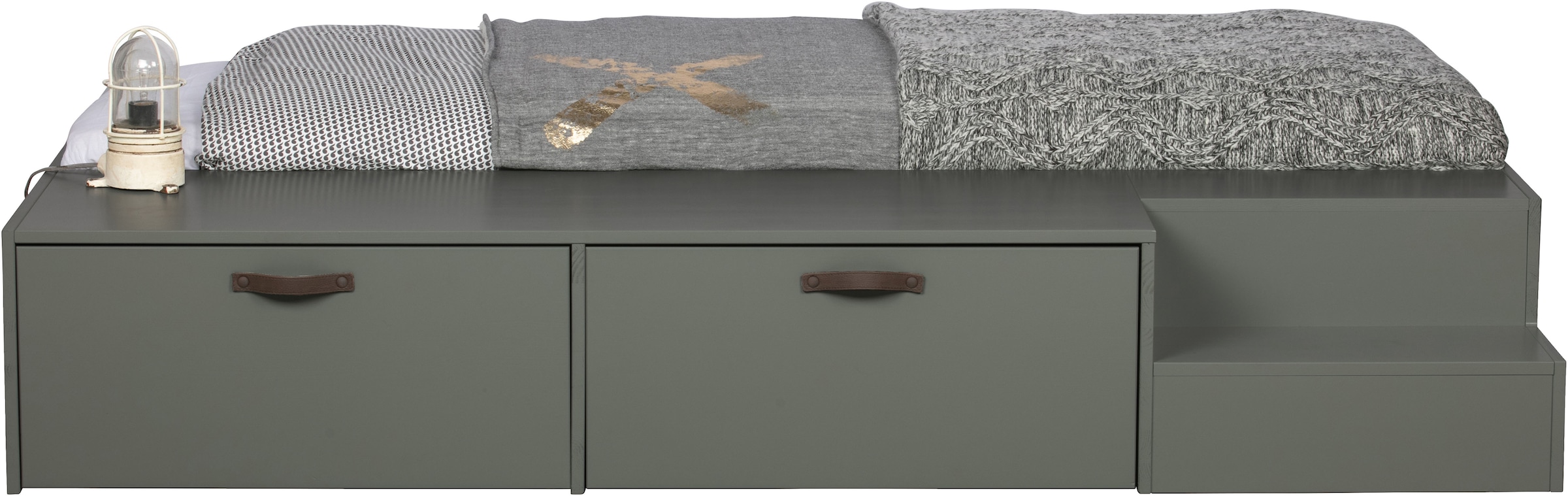 WOOOD Stauraumbett »Stage Massivholz FSC®-Kiefernholz mit Trittstufen 204 x 131 x 35 cm« Rollauszüge mit Ledergriff, breite Holzkante, Matratzenmaß 80x200 cm