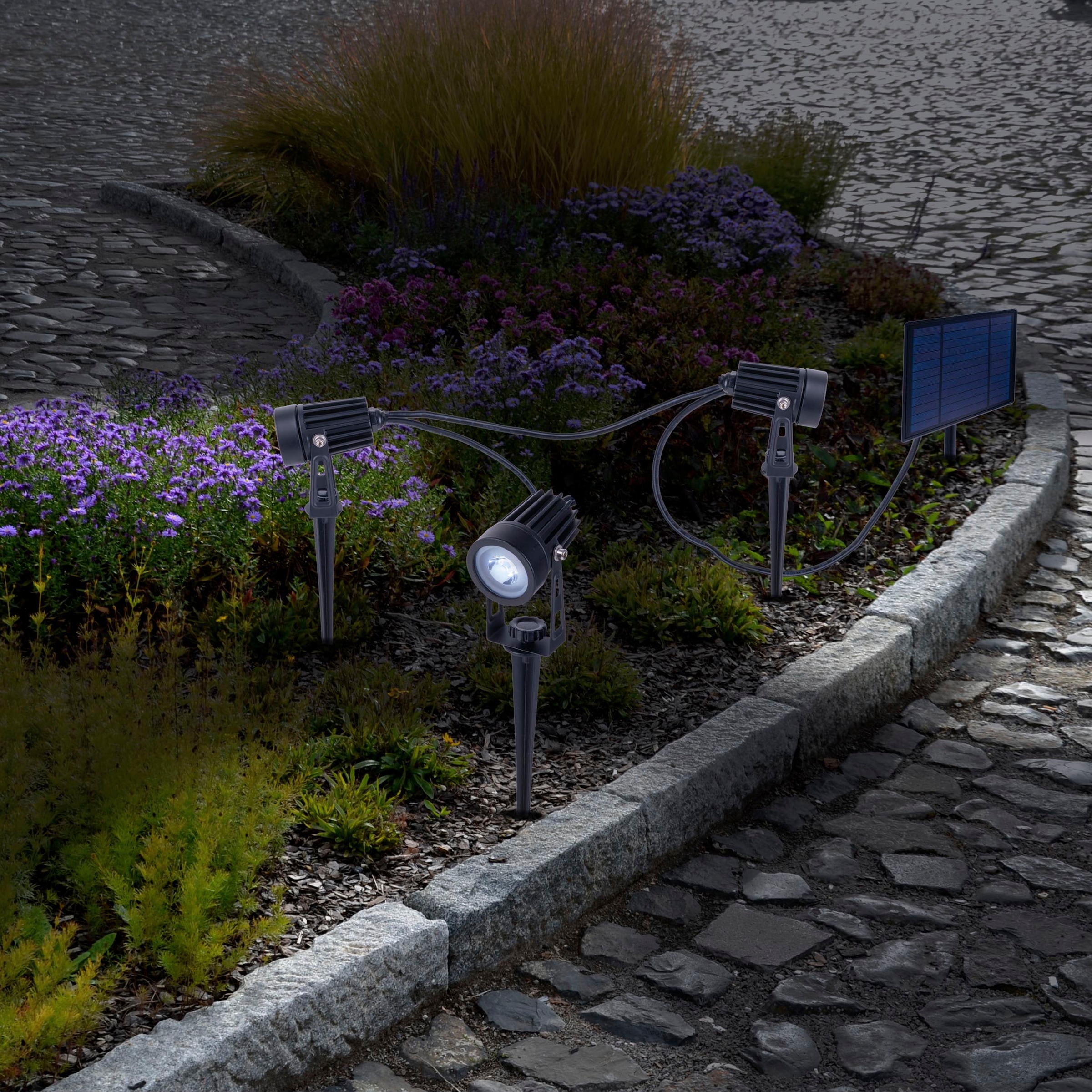 näve LED Solarleuchte »Spoti«, 3 flammig, 3er LED Solarspot mit Erdspieß inkl. Solarpanel Zuleitung 6m