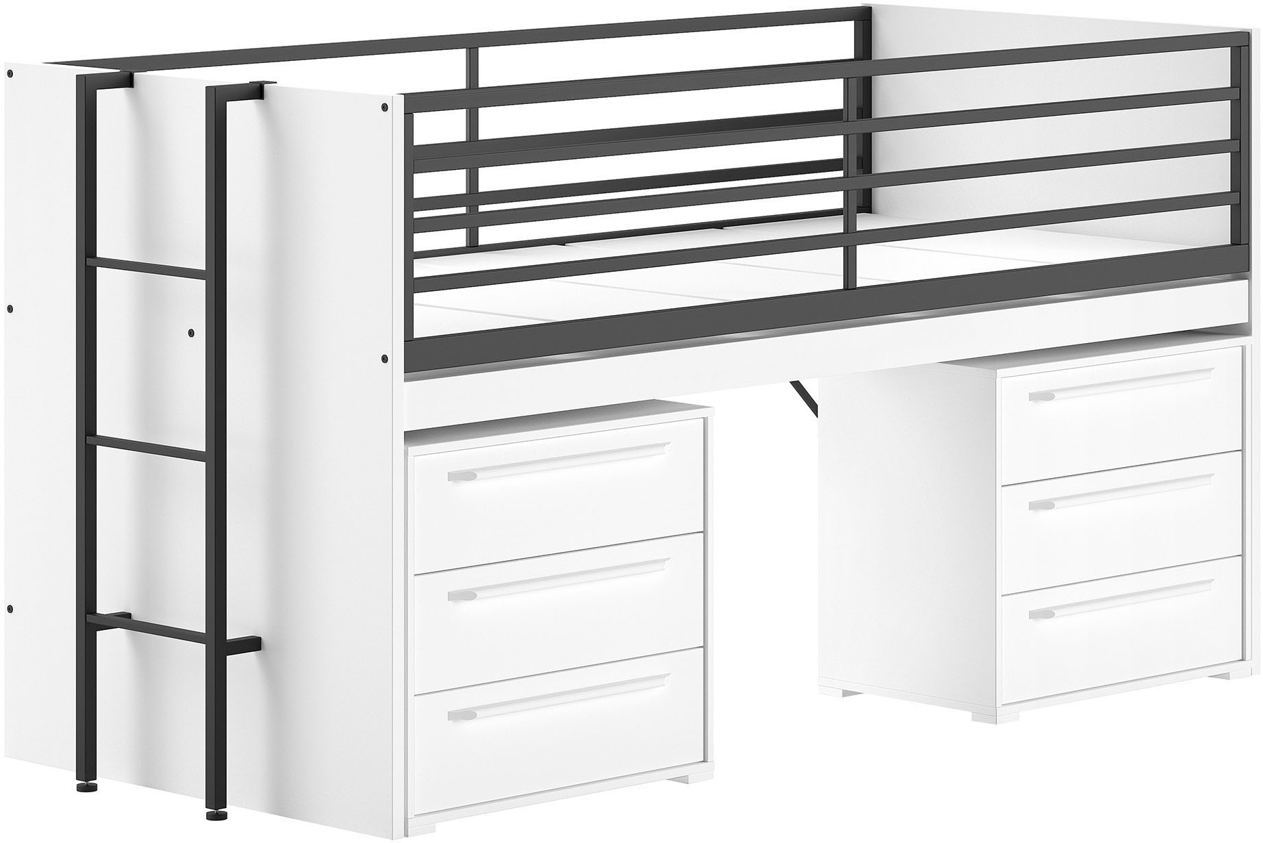 Vipack Stauraumbett »Sam, schlafen und arbeiten in einem, wahlweise Eiche- oder Weiß-Dekor« Liegefläche 90x200 cm, darunter eine große ausziehbare Schreibplatte,  mit Absturzschutz, Leiter u. Stauraum, pflegeleichte Dekor Oberfläche