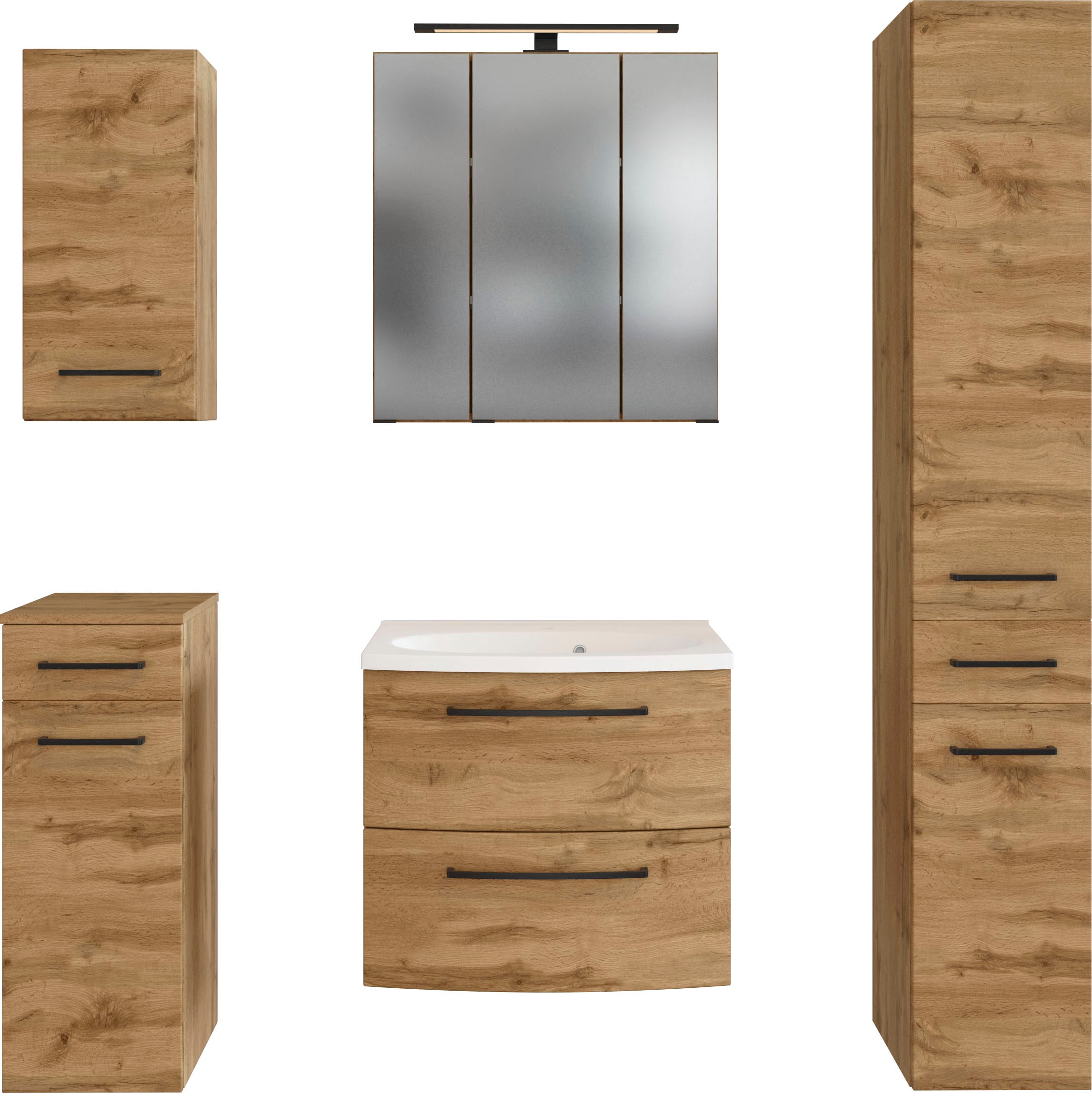welltime Badmöbel-Set »Chicago«, (5 St., Spiegelschrank, Waschtisch, Hängeschrank, Unterschrank, Seitenschrank)