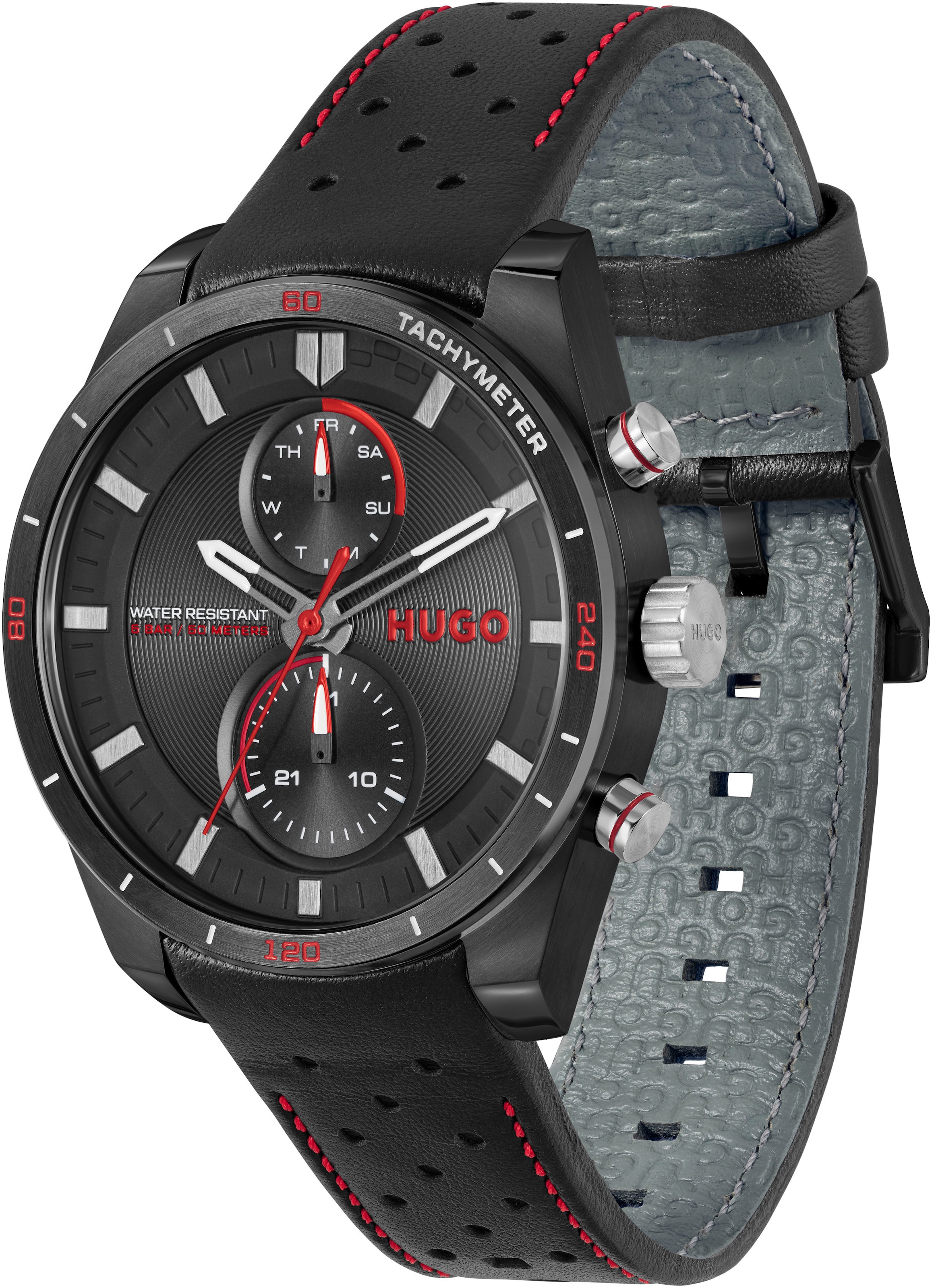 HUGO Multifunktionsuhr »#FAST«, Armbanduhr, Quarzuhr, Herrenuhr, Datum, Lederarmband