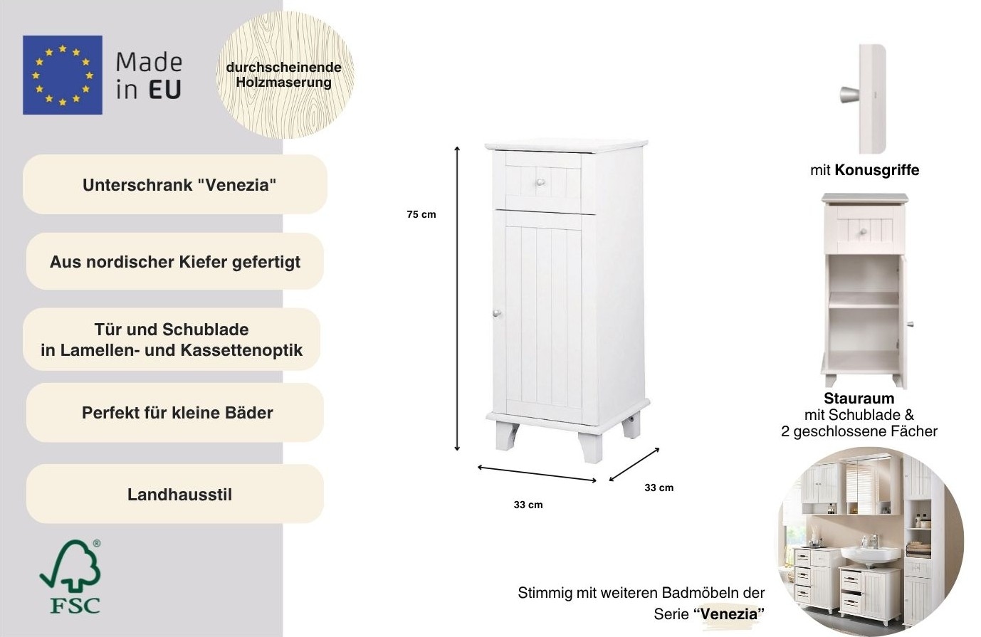 welltime Unterschrank »Venezia Landhaus« Badmöbel, aus massiver Kiefer, 1 Tür, 1 Schublade, Breite 33 cm