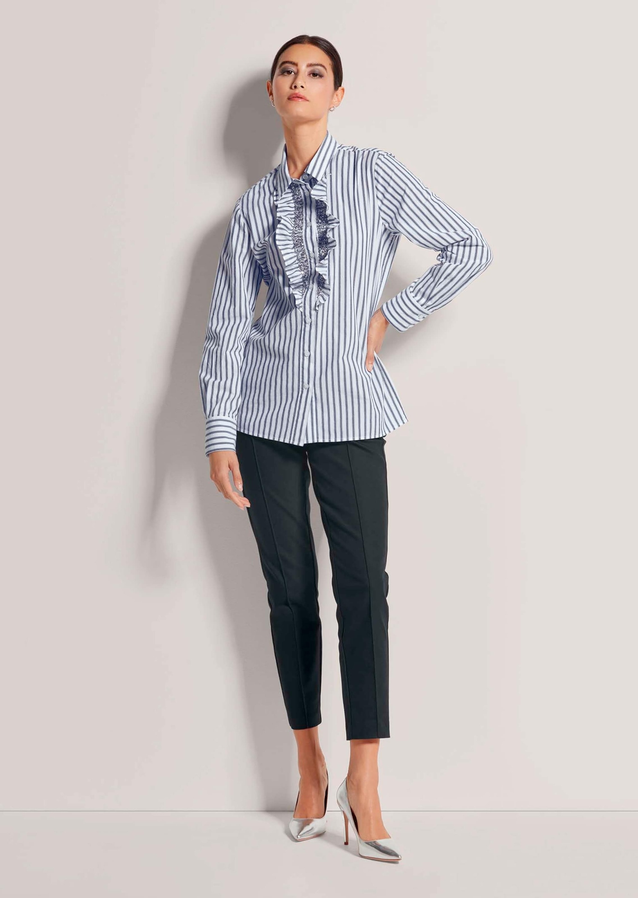 MADELEINE Langarmbluse »Bluse Streifenbluse mit Rüschen und Glanz-Akzenten«