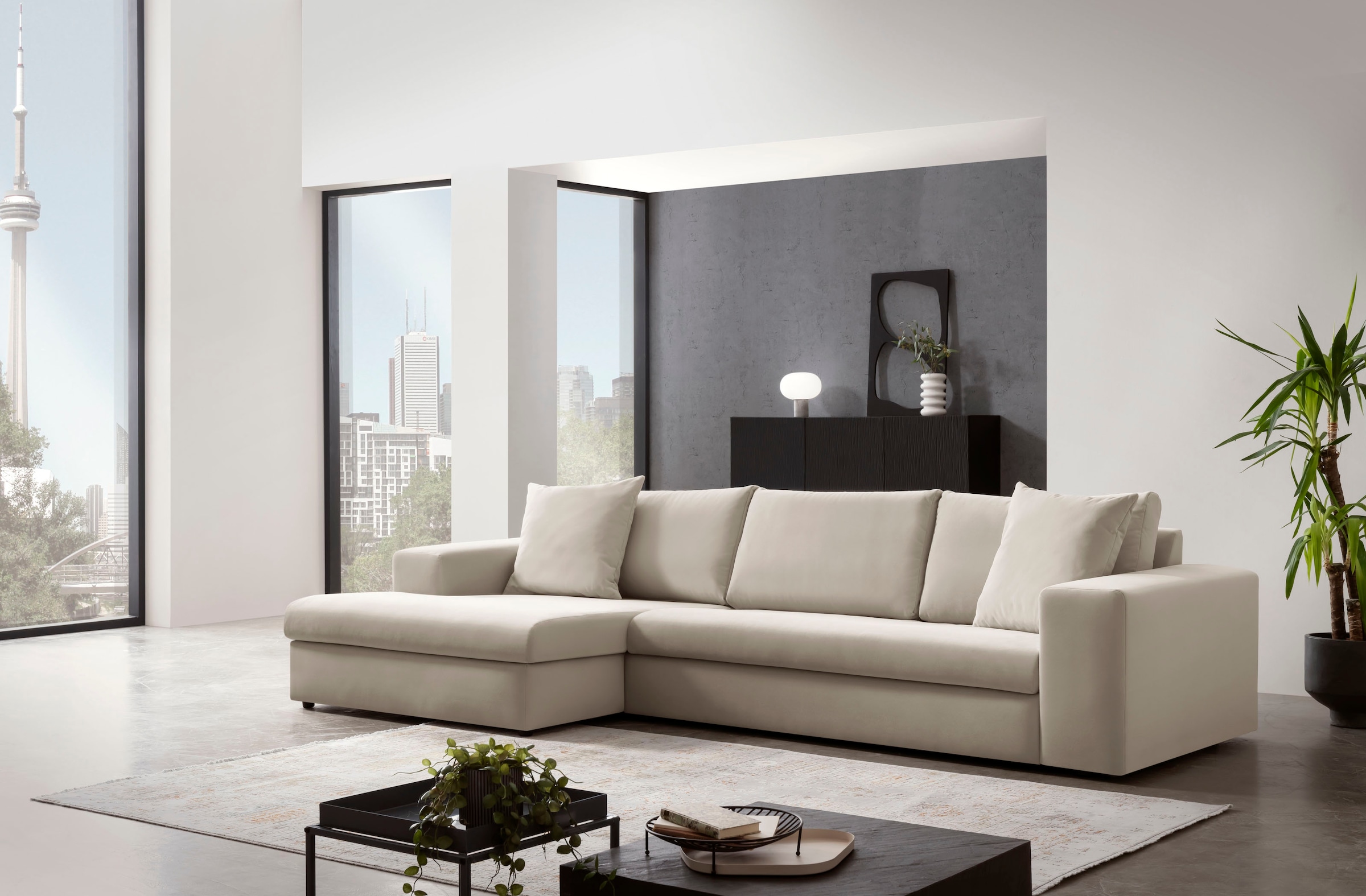 andas Ecksofa »SLEETLAND XXL in Samtvelours oder Vintage-Leder-Optik, L-Form,«, besonders groß und bequem