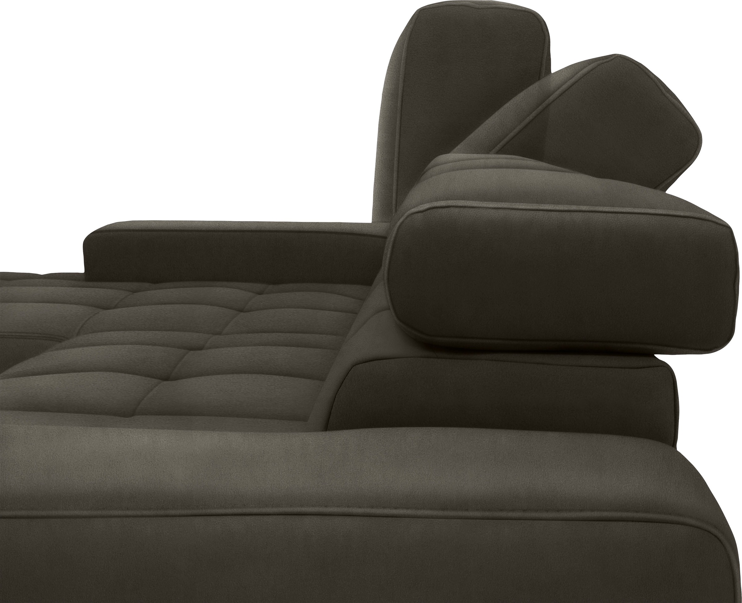 DOMO collection Ecksofa »Cunelli tolle Sitznähte als Designelement, fester Sitzkomfort, L-Form«, wahlweise mit 6-fach verstellbarer Kopfteilverstellung, bodenfrei