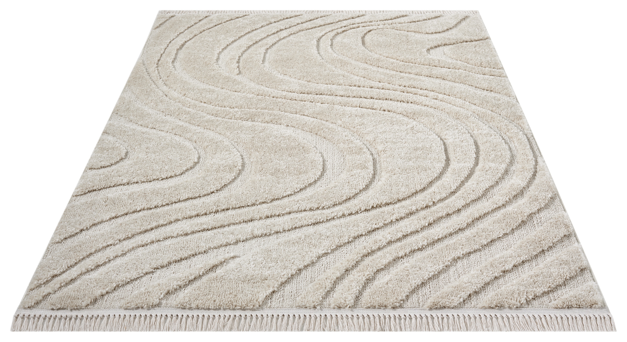   Teppich »Ember mit Fransen, Wellen Design« rechteckig 20 mm Höhe Boho, 3D Optik, Scandi, Hoch-Tief, Wohnzimmer, Schlafzimmer