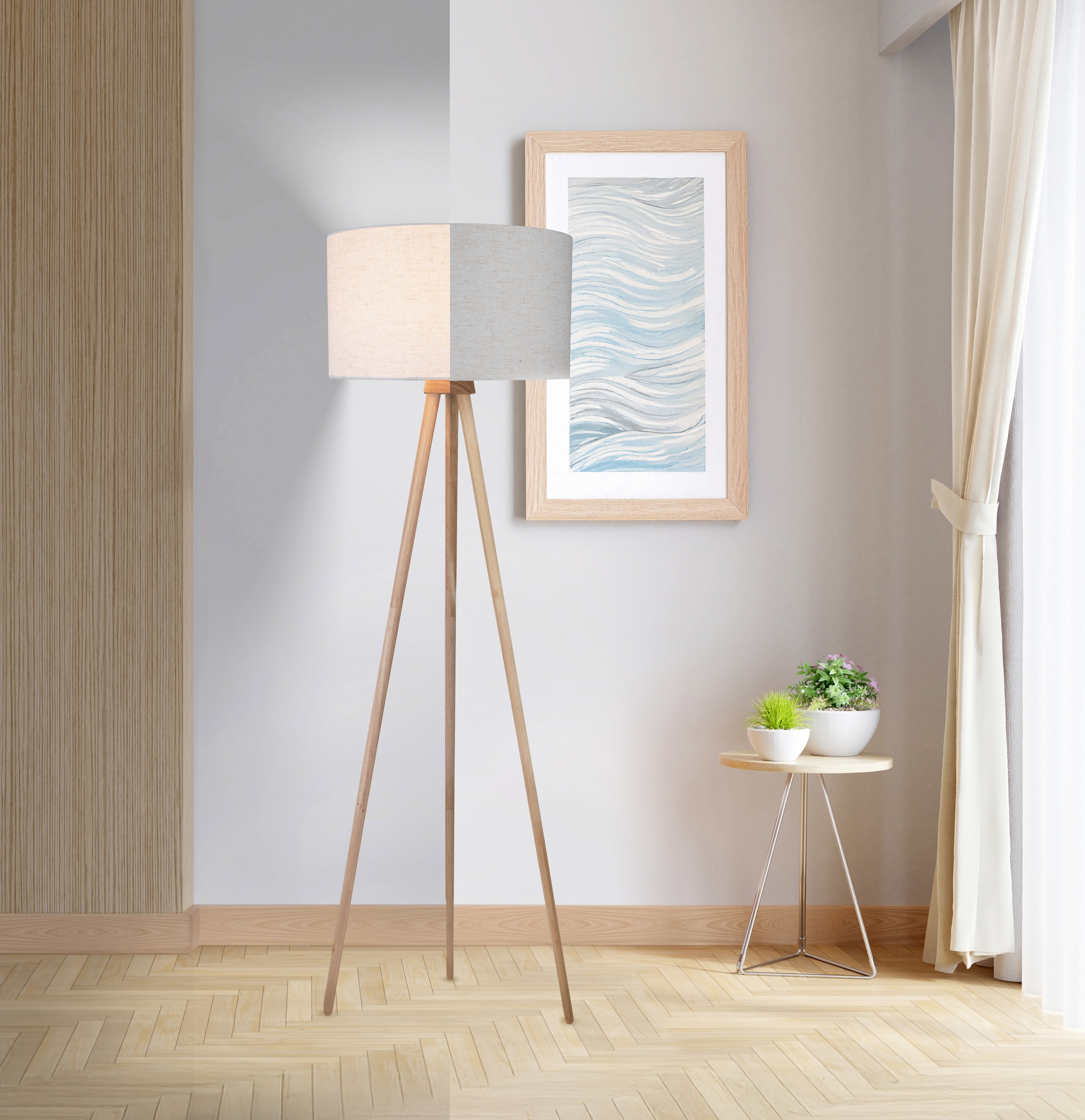 OTTO home Stehlampe »Torell - Dreibein Stehleuchte« E27 1 Stk. Textil, Dreibein Holz, E27, Kabel 300cm, Leinen o. Cord, Textilschirm