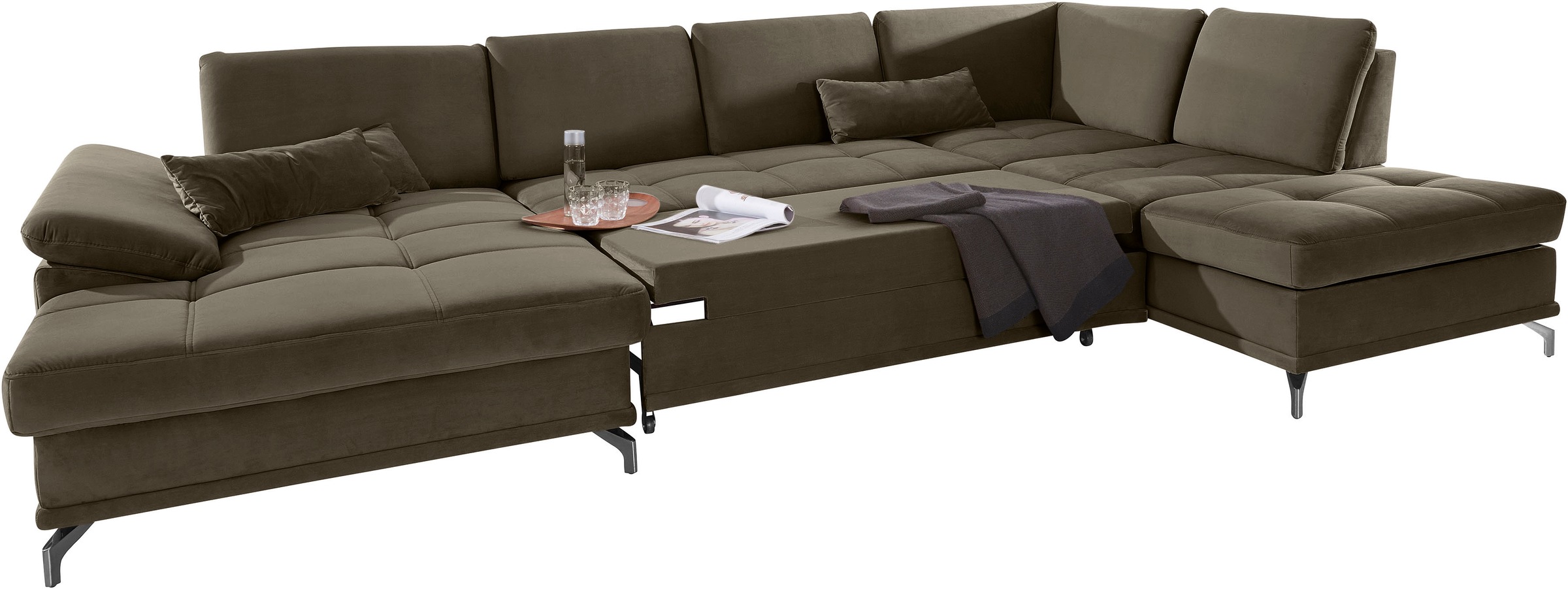 Places of Style Wohnlandschaft »Costello U-Form, mit Sitztiefenverstellung, Armteilverstellung und«, 3 Nierenkissen, optional Bettfunktion und Bettkasten