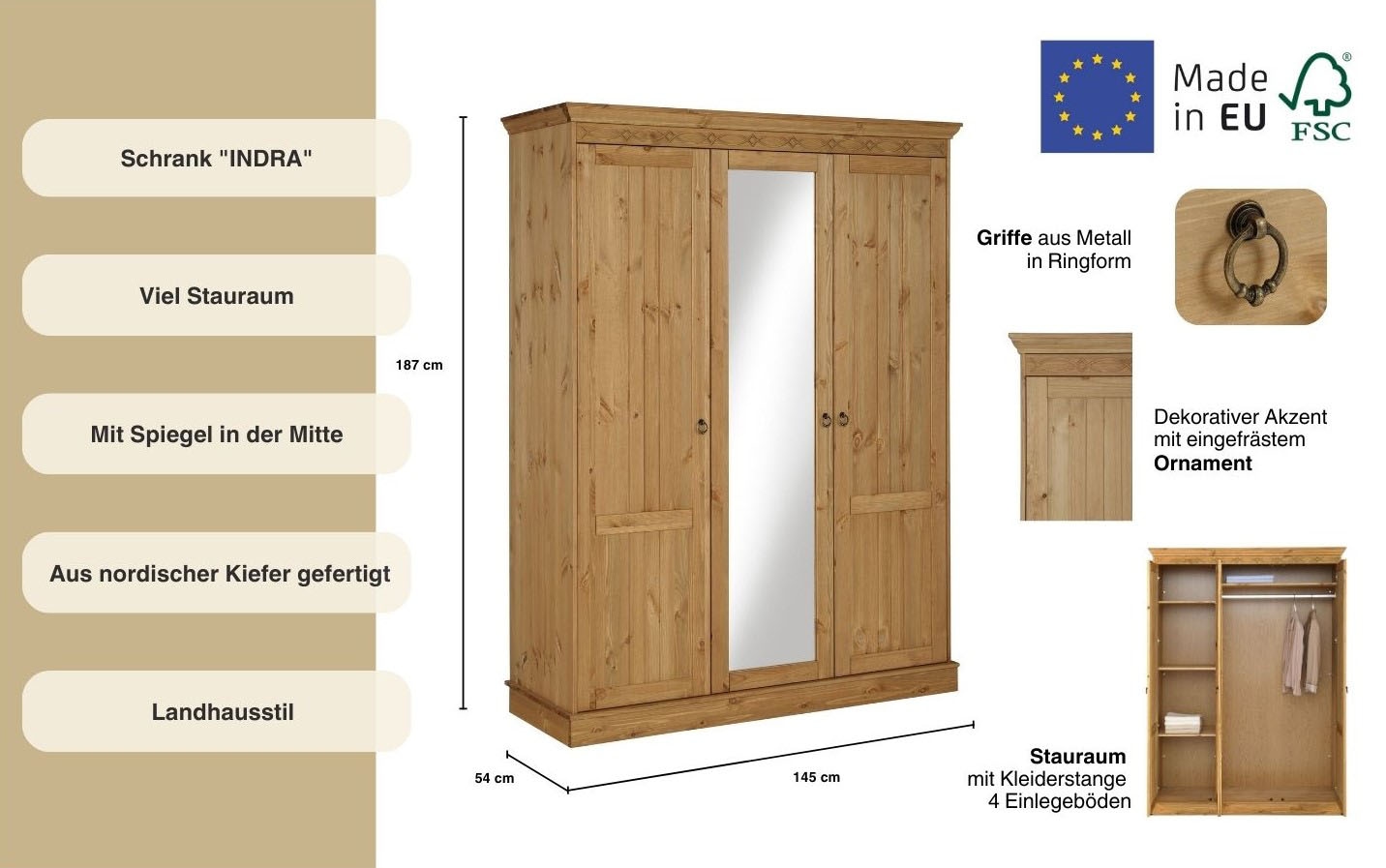 Home affaire Drehtürenschrank »Indra«, (3 Breiten: 100/145/233 cm H/T ca.187/54 cm), aus massiver Kiefer, mit Spiegel bei der 3- und 5trg.Variante