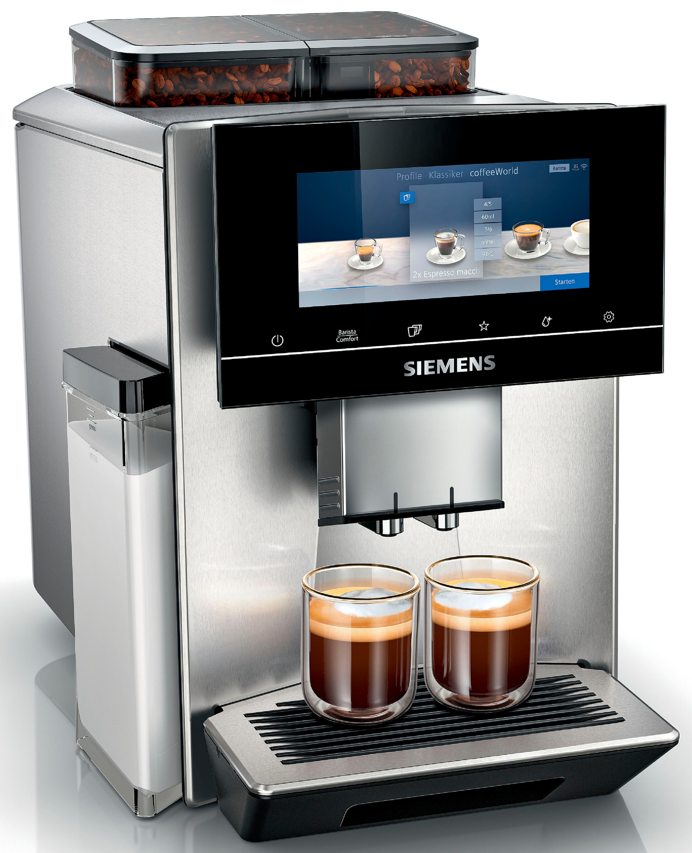 SIEMENS Kaffeevollautomat »EQ900 TQ907D03, intuitives 6,8" TFT-Display, 2 Bohnenbehälter«, Barista-Modus, App, Geräuschreduzierung, 10 Profile, edelstahl