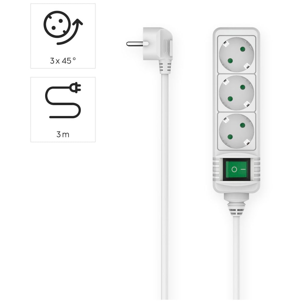 Hama Steckdosenleiste, 3-fach, (Ein- / Ausschalter-Schalterbeleuchtung Schutzkontaktkupplung-Schutzkontaktstecker Kabellänge 3 m)