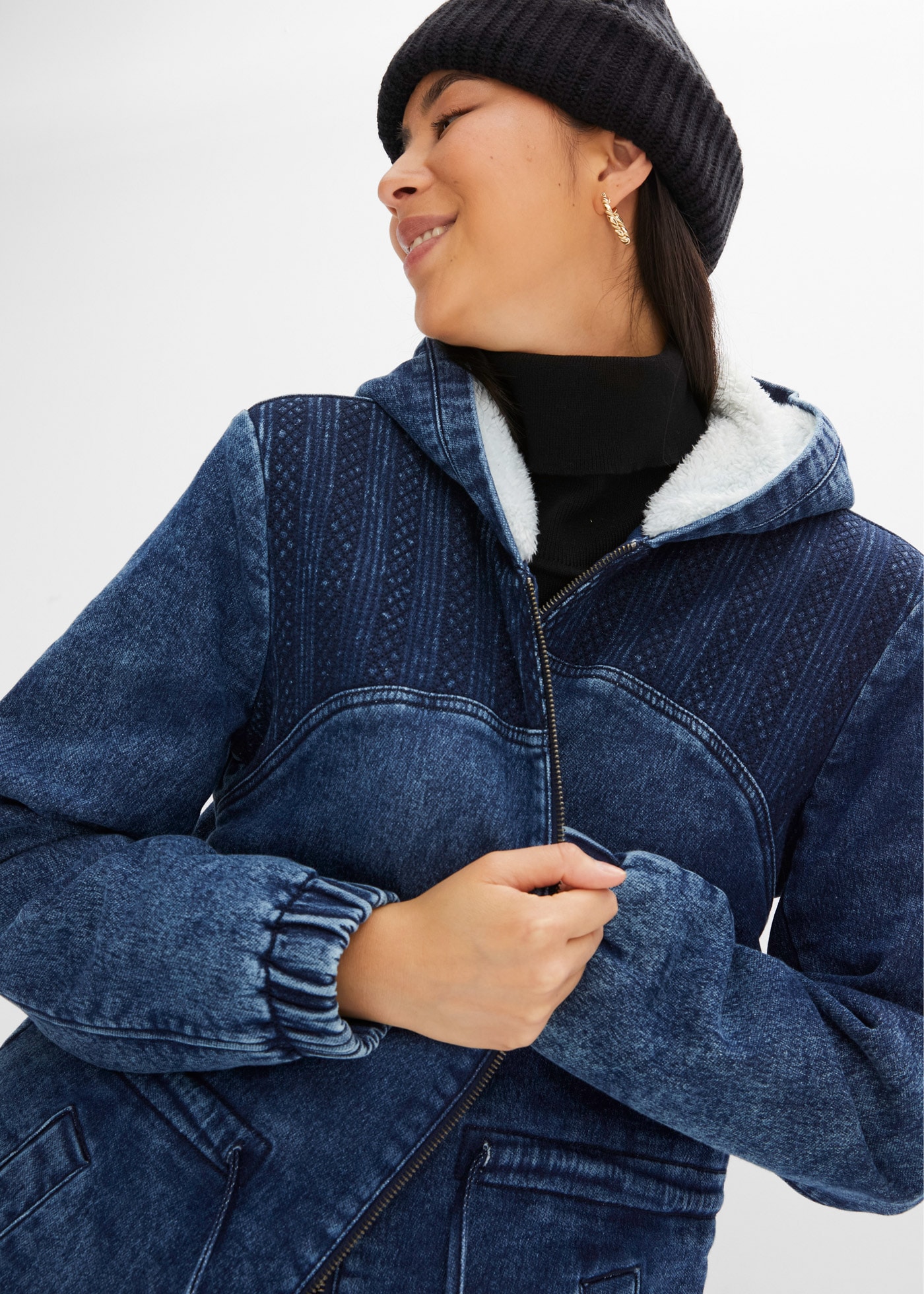 bonprix Parka mit Kapuze Winterjacke als Jeans-Parka mit Teddyfell und Kapuze