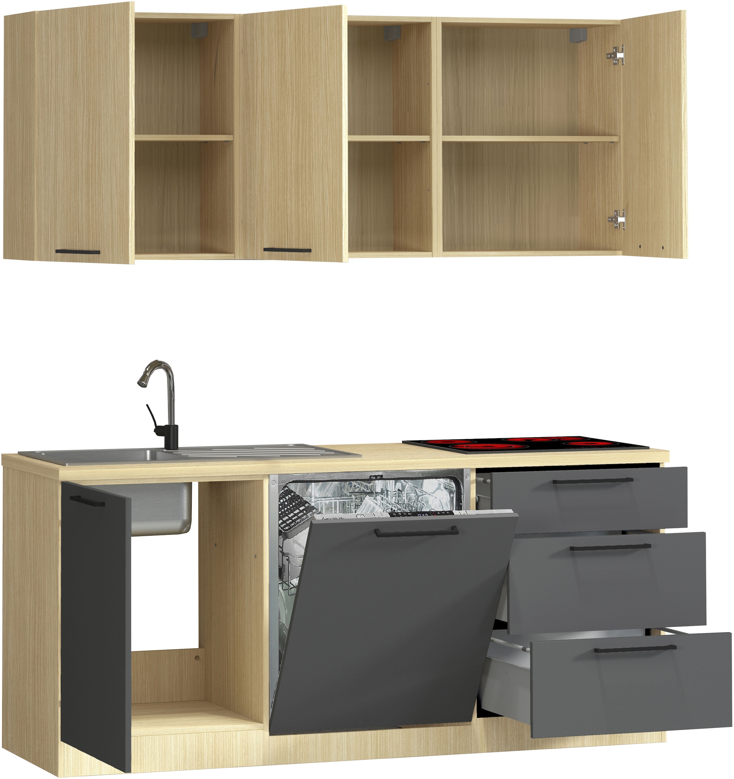 KOCHSTATION Küchenzeile »Luna, Küchenzeile mit Spüle + Siphon, ohne E-Geräte« Breite 182 cm,Türen mit Soft-Close Funktion, Metalgriffe,Made in Italy