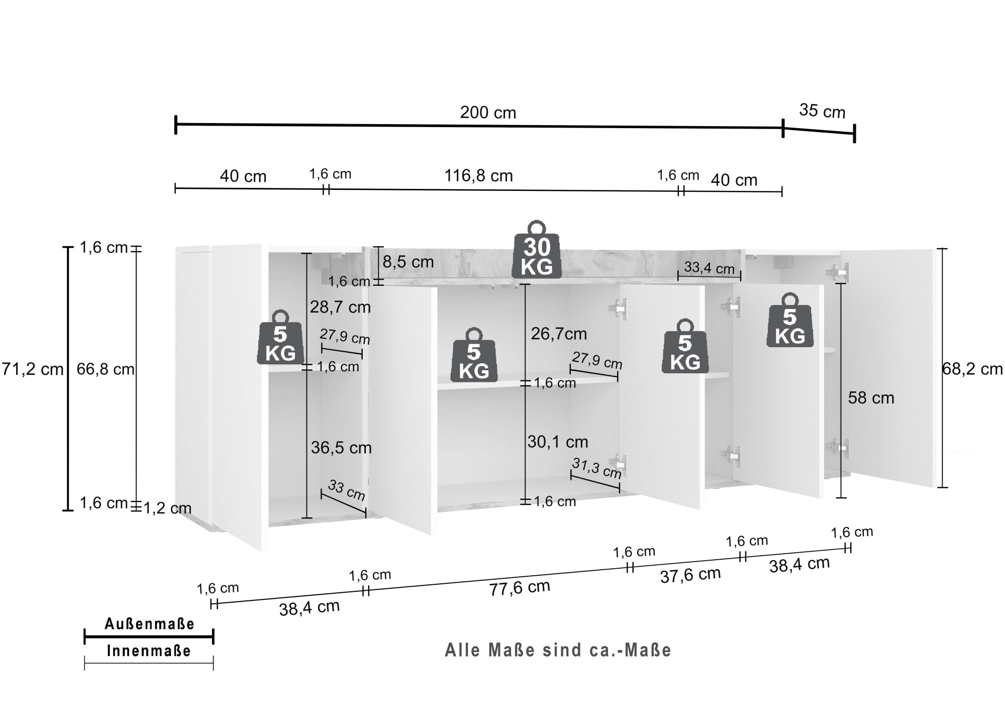 OTTO home Sideboard »BOLSENA, Kommode, Schrank,Lowboard mit 8 Fächer und offenes Ablagefach« 1 Stk. tlg. stehend/hängend montierbar, Made in Italy, B/T/H: 200 × 35 × 71,2 cm