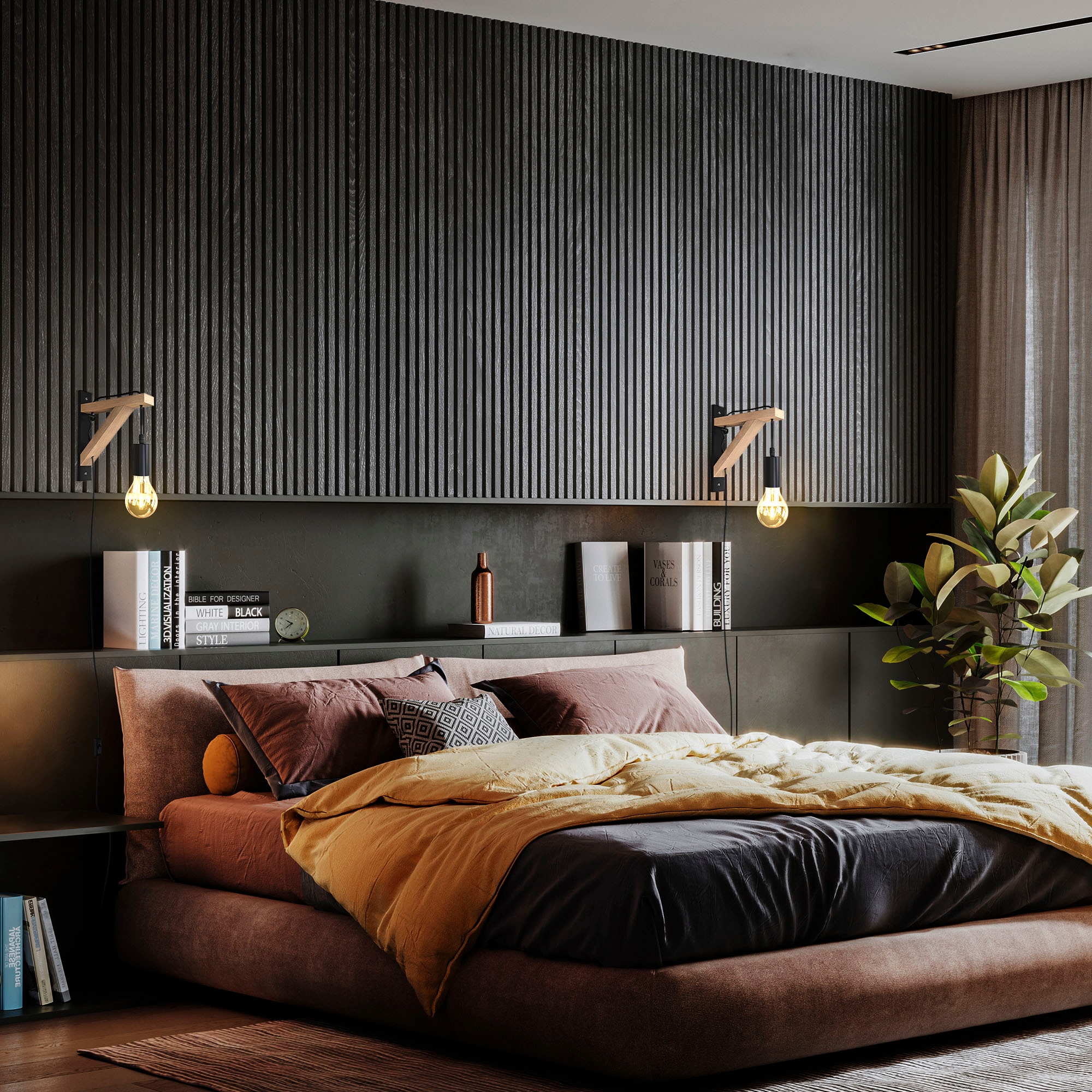 B.K.Licht Wandleuchte »BKL1352 Holz-Wandlampe innen, Schwarz, Metall, Landhausstil«, 1 flammig, Leuchtmittel E27 | ohne Leuchtmittel, 1-flammig mit Schalter, E27-Fasssung, ohne Leuchtmittel