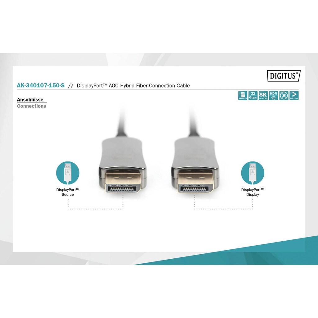 Digitus SAT-Kabel »DisplayPort™ AOC Hybrid Glasfaserkabel, UHD 8K«, DisplayPort, 1000 cm