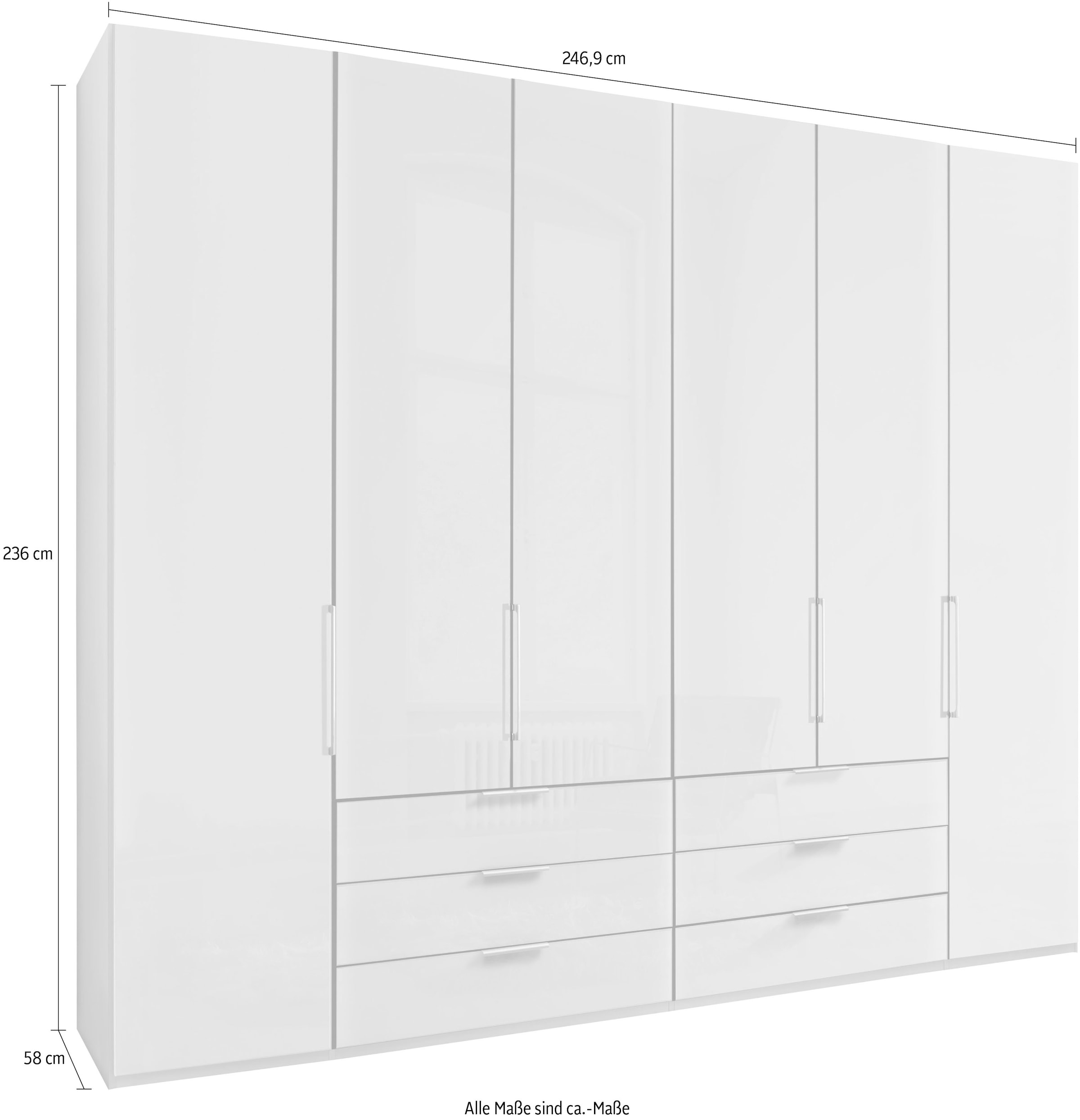 WIEMANN Falttürenschrank »Monaco, Kleiderschrank, Schrank, Wäscheschrank, mit edler Glasfront«, (2 Breiten, 2 Höhen 216/236 cm auswählbar, MADE IN GERMANY), inkl. gepämpften Schubkästen und Türen, mit Panoramaöffnung
