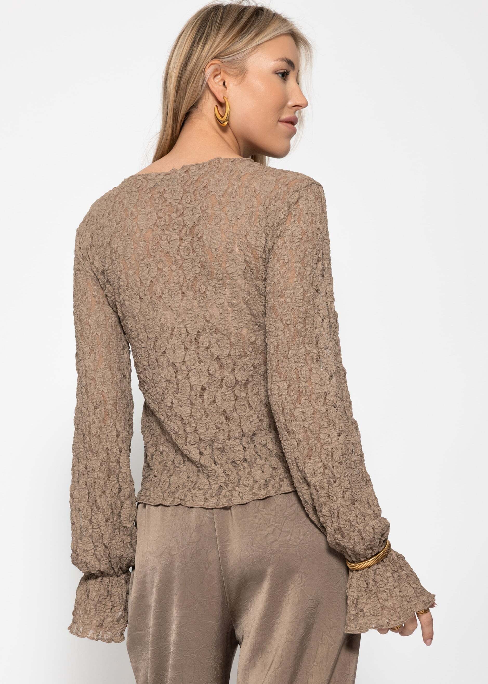 SASSYCLASSY Langarmshirt »Langarm Spitzenshirt mit Volantärmeln« Transparentes Langarmshirt mit floralem Muster und Rundhalsausschnitt