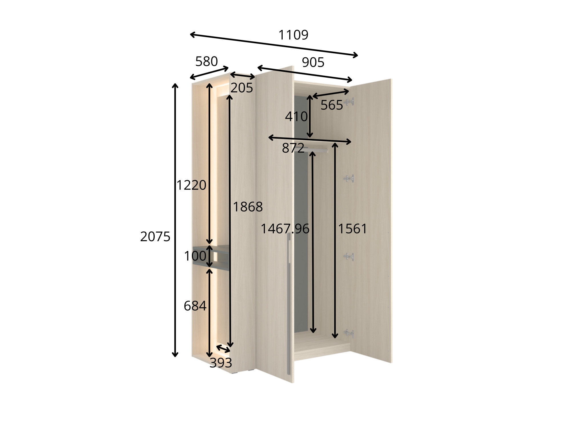 Home affaire Kleiderschrank »TRENTO Garderobe, Wäscheschrank mit großem Spiegel und LED-Beleuchtung«, mit Kleiderstange oder Einlegeböden, Maße B/H/T: 111/208/58 cm