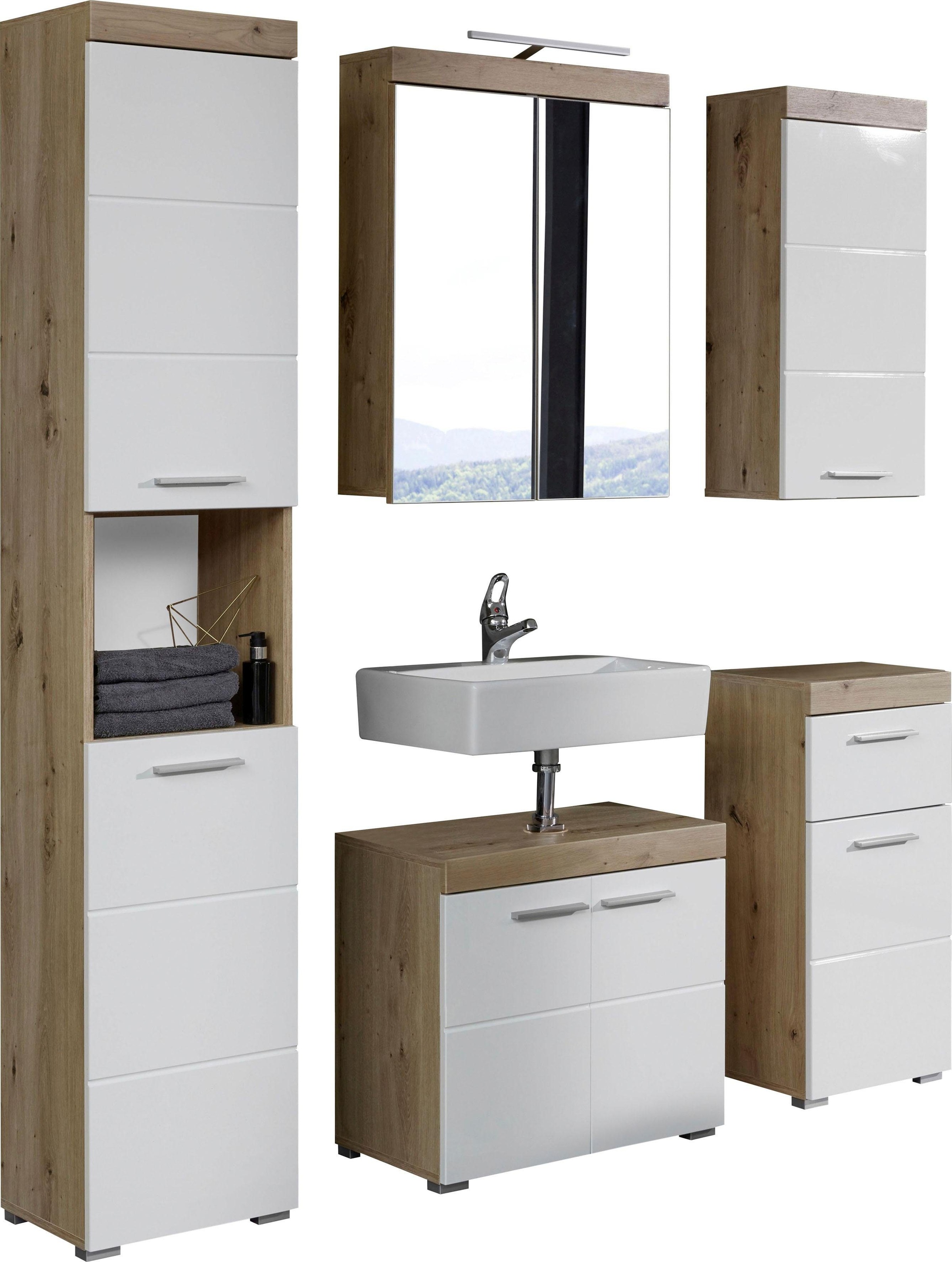 trendteam Badmöbel-Set »Amanda«, (Set, 5 tlg.), mit Spiegelschrank inkl. LED-Beleuchtung, Hoch-, Waschbeckenunter-, Hänge- und Unterschrank, wechselbare Türanschläge, MDF-Fronten in Hochglanz- oder Holzoptik