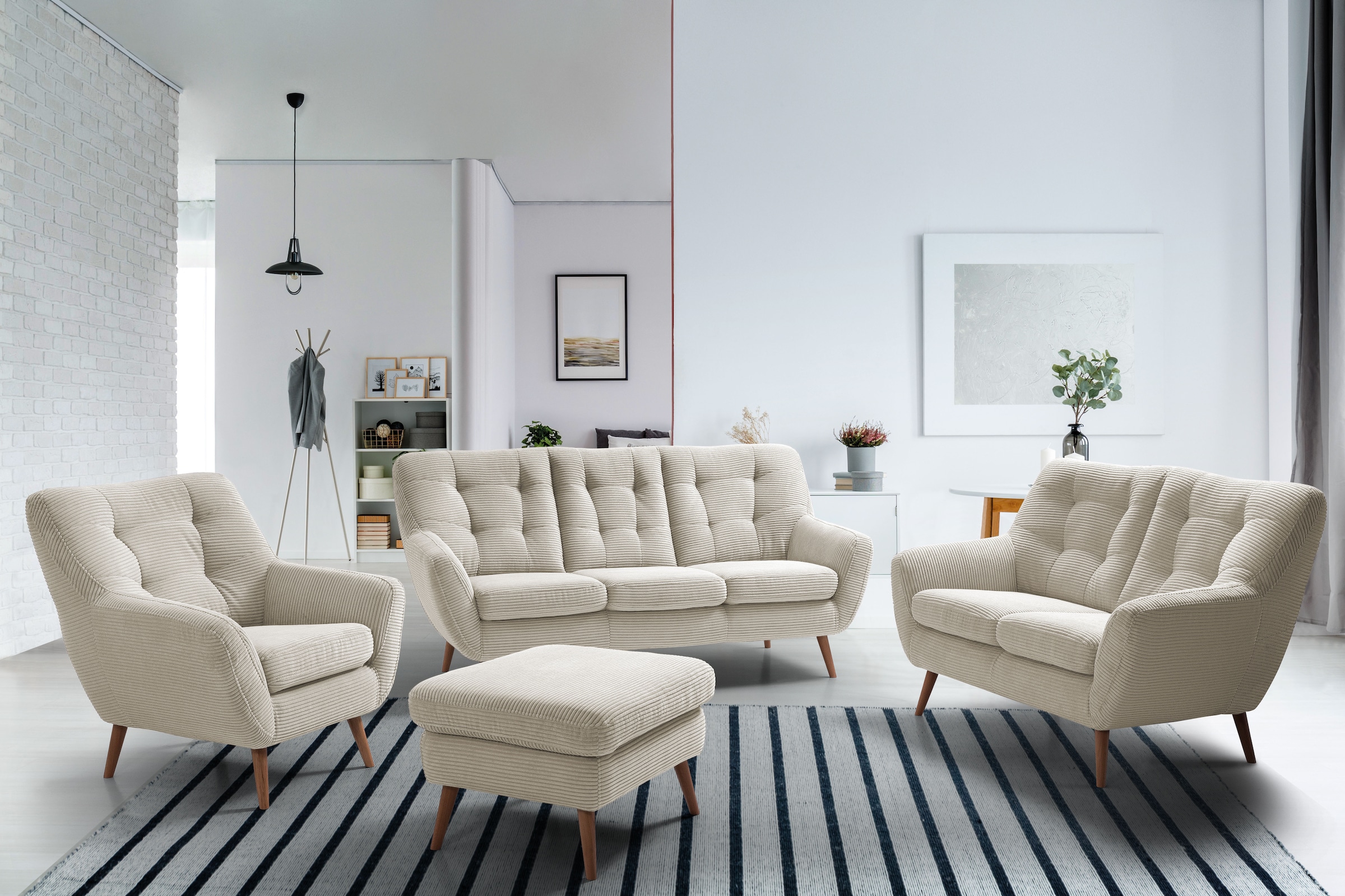 exxpo - sofa fashion 2-Sitzer »Scandi, bequem, aufwendige Rückenpolsterung für mehr Sitzkomfort«, akuelle Farben in hochwertige Bezugsqualitäten, Holzfuß