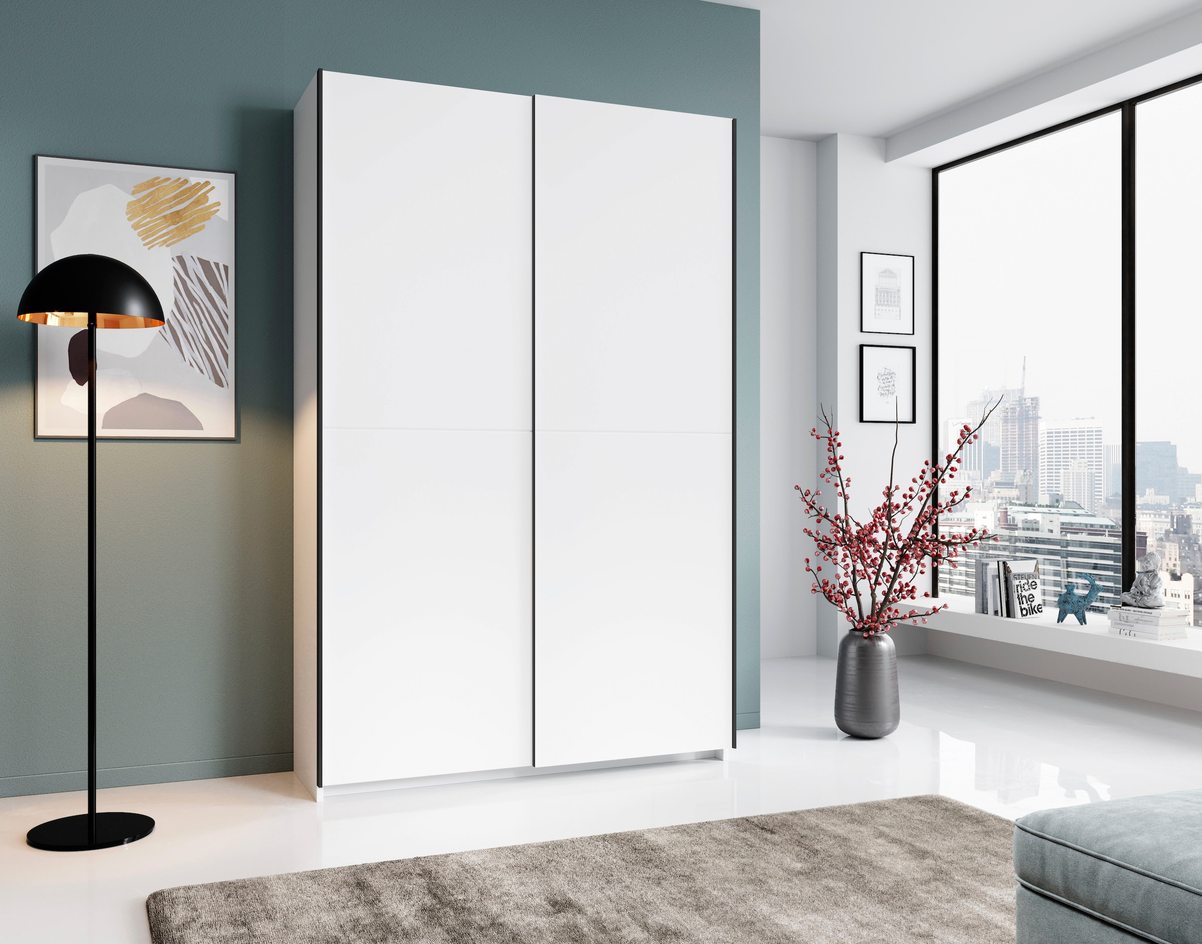Schlafkontor Schwebetürenschrank »Heimo/Fast Schrank Kleiderschrank Garderobe«, geringe Tiefe, ausziehbarer Kleiderstange, Garderobenschrank, 6 Böden