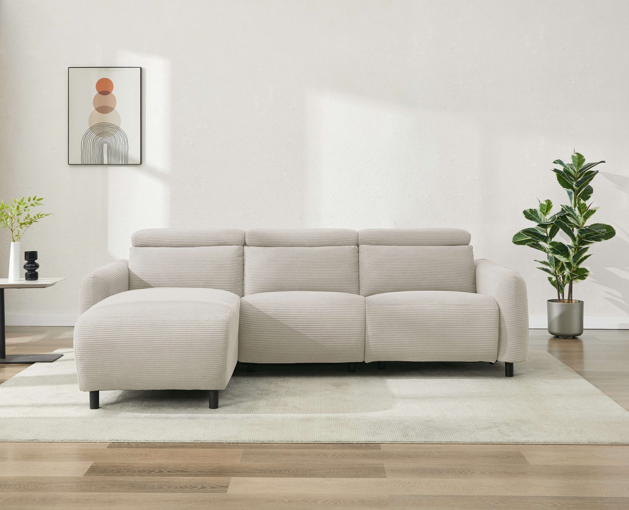 Home affaire Ecksofa »SKAANE in Cord, L-Form, 274 cm, manuelle u. elektrische Relaxfunktion,« rundes Design, Kopfteilverstellung, Federkernpolsterung