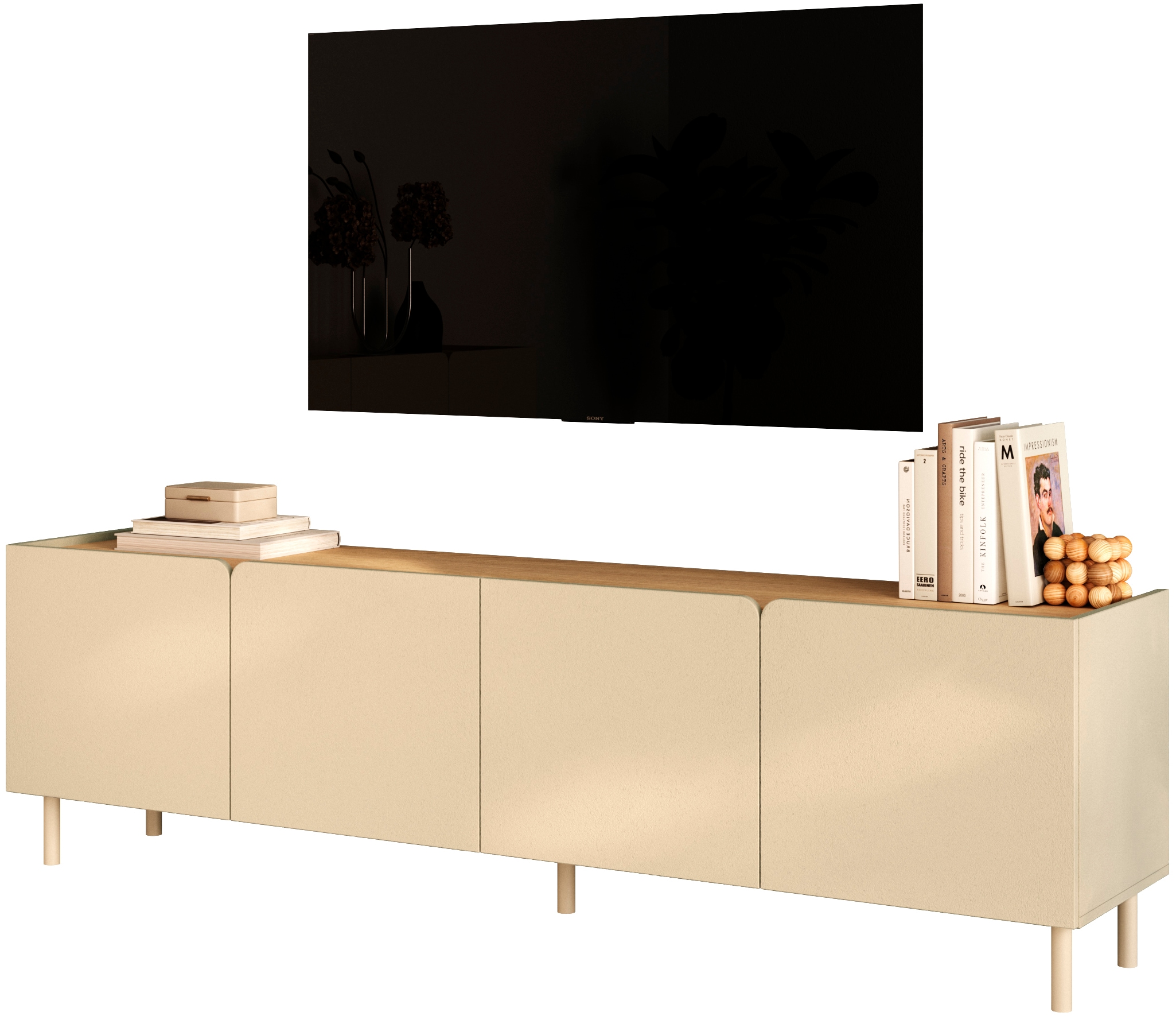 OTTO home Lowboard »Dobbiaco, 202 cm breit, 4 Türen, Mediaboard, TV-Schrank« Innenliegendes Top, gerade Metallfüße, Tür mit Rundung