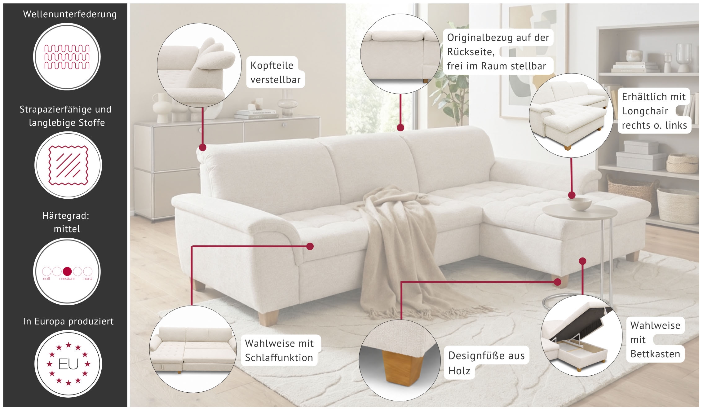 OTTO home Ecksofa »Eggery 279 x 162 cm, auch mit Schlaffunktion & Bettkasten, Holzfüße« L-Form, aus pflegeleichtem Luxus-Microfaser