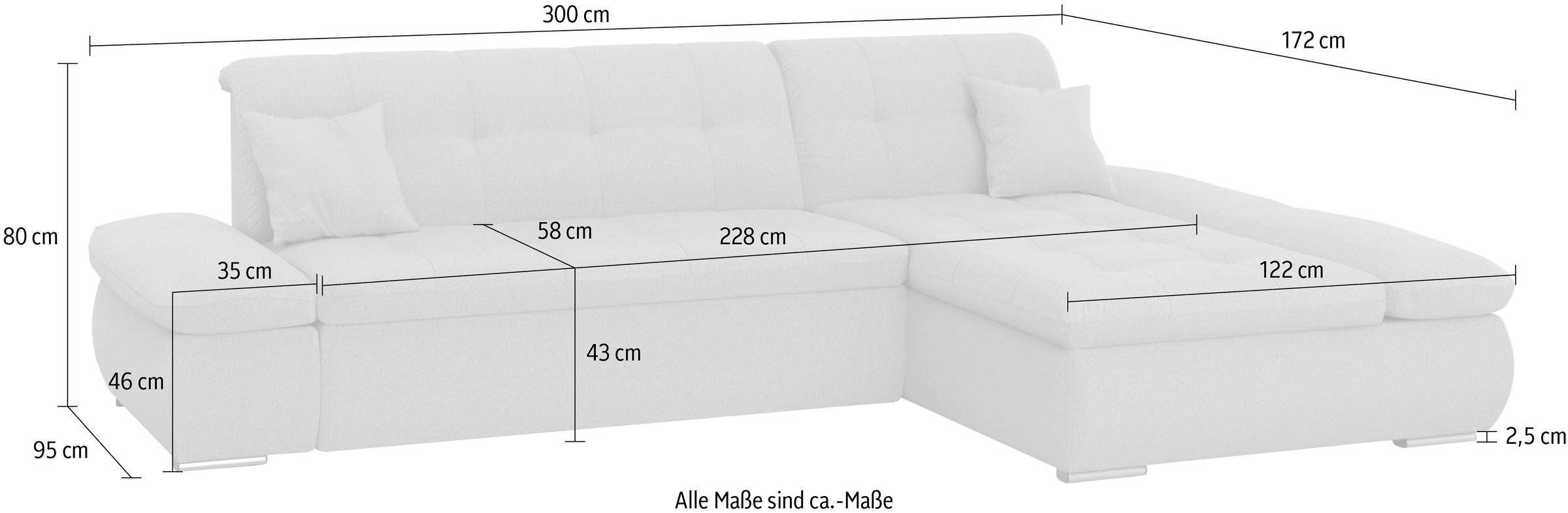 DOMO collection Ecksofa »Moric, L-Form, XXL-Sofa - Breite 300cm«, wahlweise mit Bettfunktion und Armteilverstellung, grau-silber