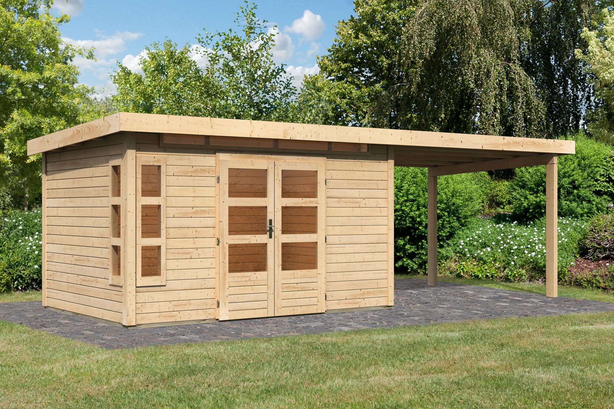 Karibu Gartenhaus »Kolimasee 7« mit Anbaudach 3,2 m, naturbelassen