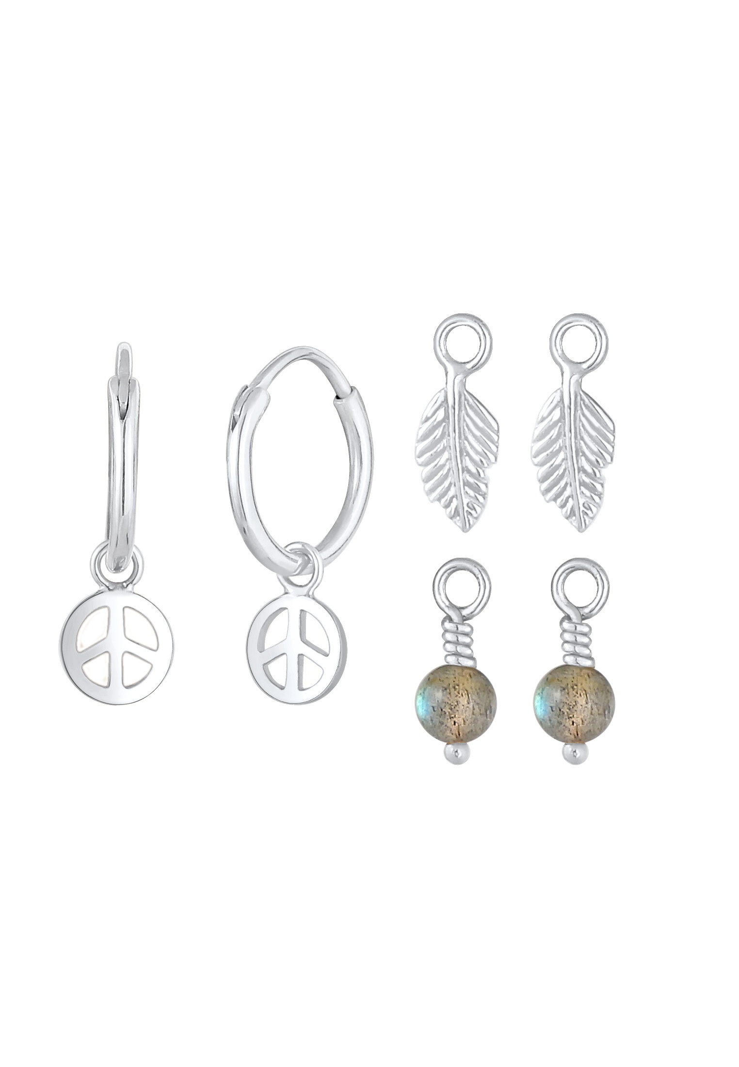 Elli Ohrstecker-Set »Ohrringe Creolen 3-Set Peace Feder Labradorit 925 Silber«