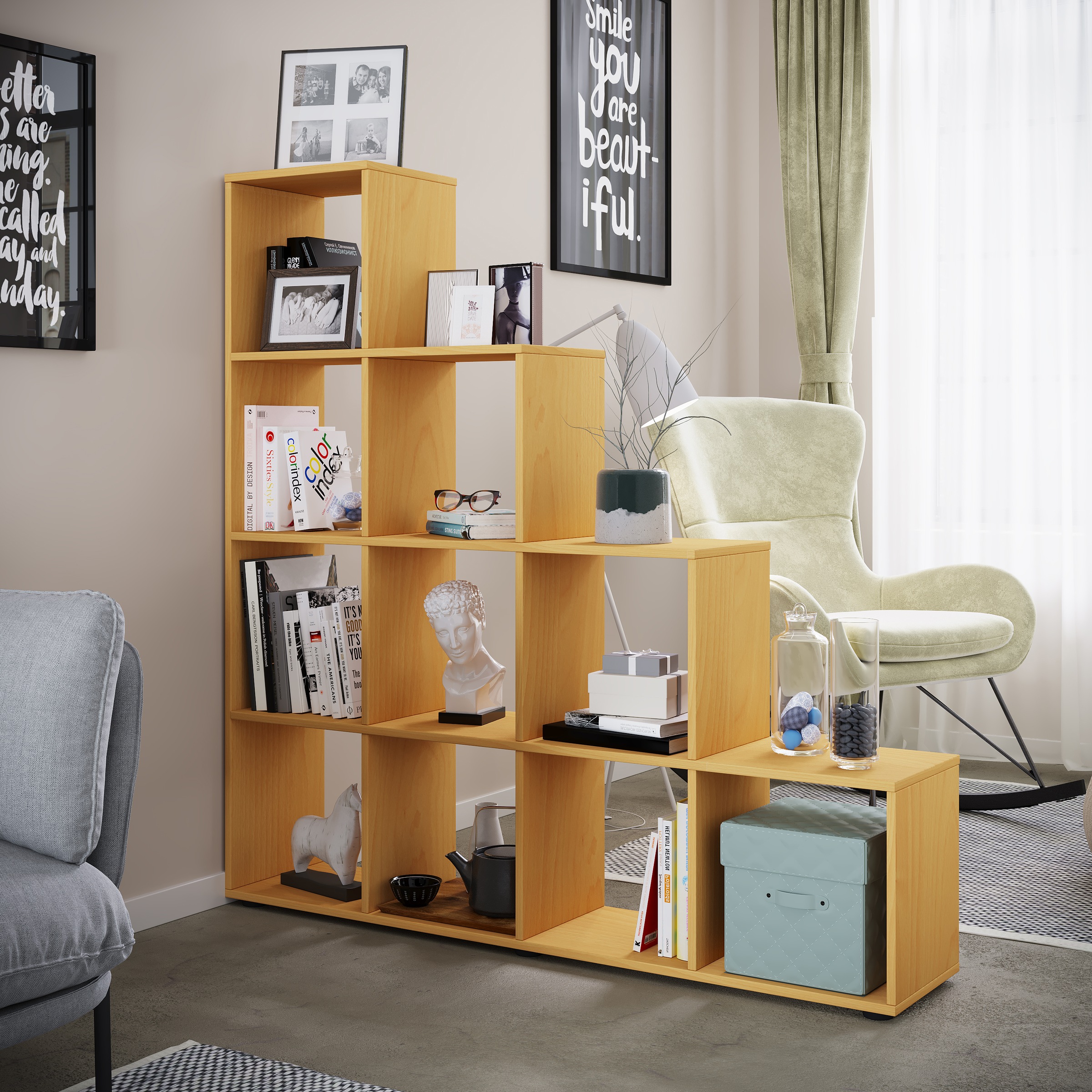 VCM Standregal »VCM Holzregal stehend | platzsparendes Regal | Maße: H. 139 x B. 143 x T. 29 cm | Elegantes Regal stehend | Aufbewahrungsregal | Bücherregal | Treppenregal - Napoli«