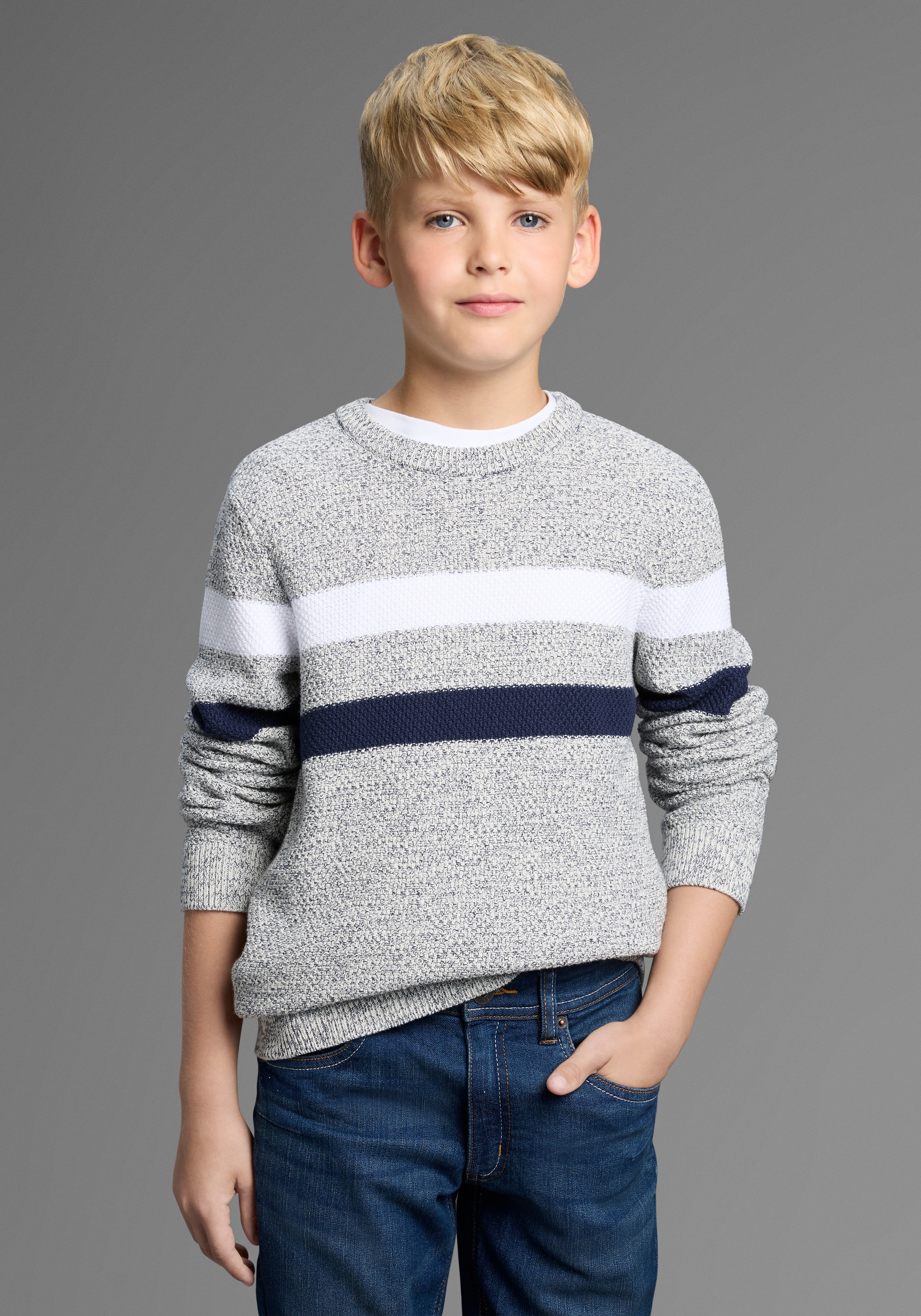 Bruno Banani Strickpullover »Ringelpullover in modischer Strickstruktur« NEU: BRUNO BANANI für TEENS! Pullover in Melangeware, Größe 176/182