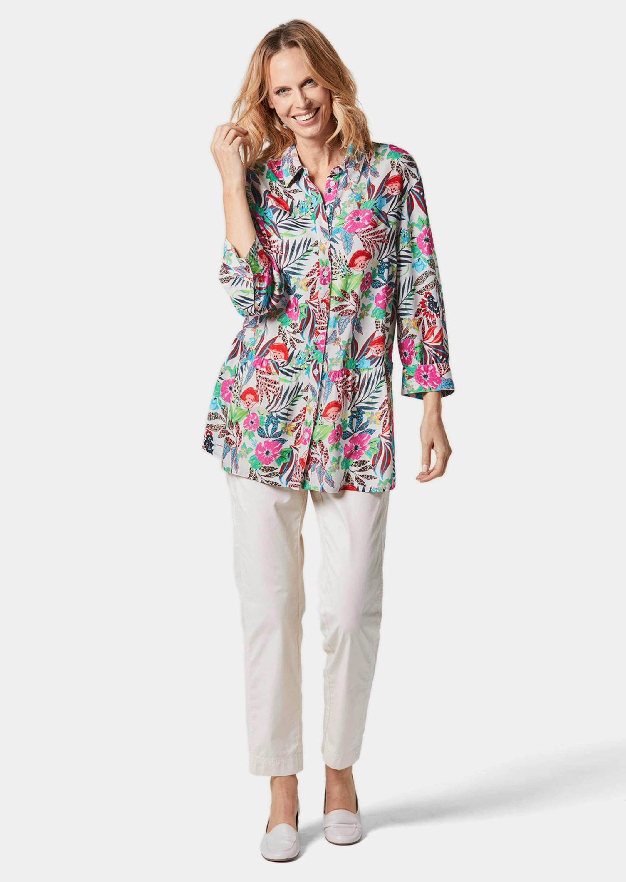 GOLDNER Hemdbluse »Kurzgröße Druckbluse in exotischem Muster« mit Querteilungsnaht