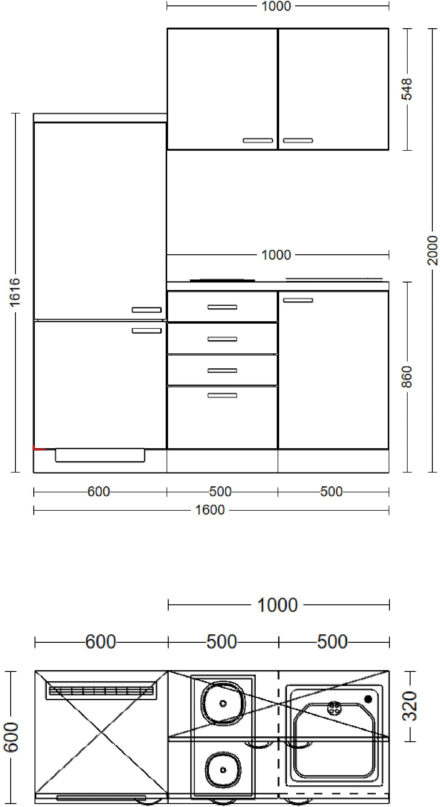 Flex-Well Pantryküche »Portland«, Gesamtbreite 160 cm, mit Einbau-Kühlschrank, Kochfeld und Spüle etc.