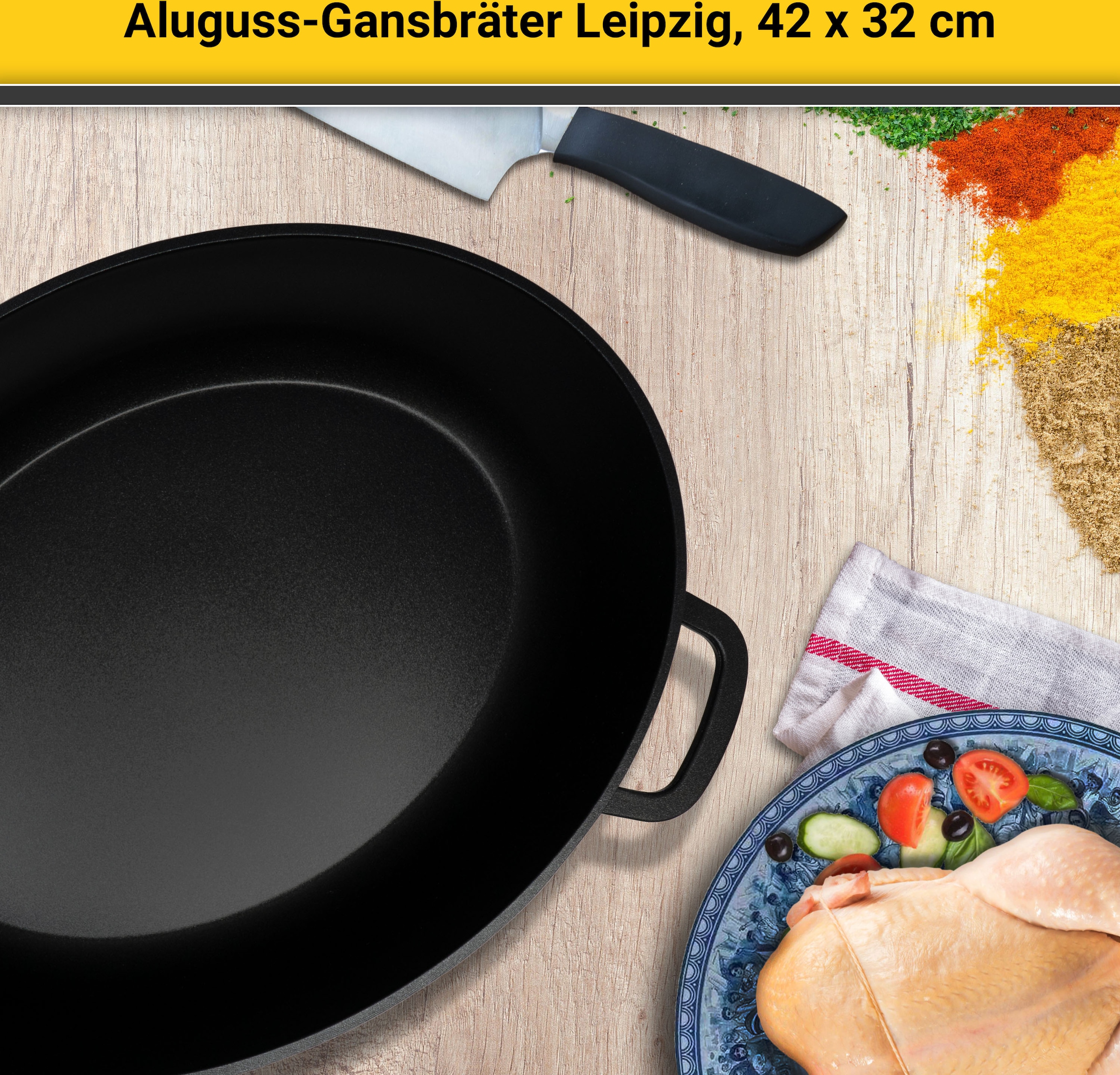 Krüger Bräter »Aluguss Gansbräter mit Glasdeckel und Aromaknopf LEIPZIG, 42x32x14 cm«, Aluminiumguss, (1 tlg.), hochwertige Antihaft-Versiegelung