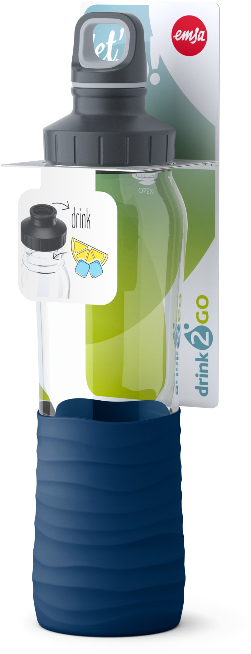Emsa Trinkflasche »Drink2Go«, 0,7L, Glas, Schraubverschluss, spülmaschinenfest, Griff(Soft-Touch)