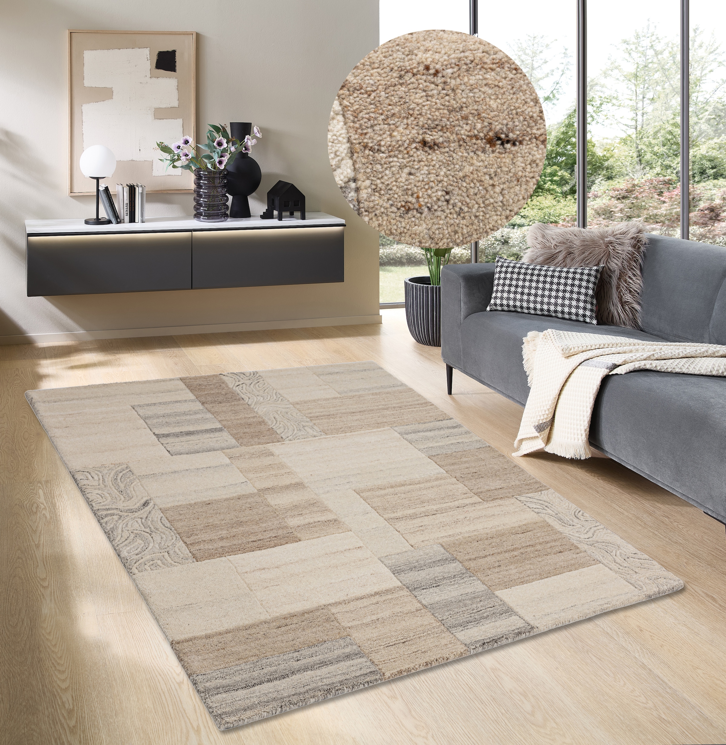 THEKO Wollteppich »Lola, Wolle, handgearbeitet, Patchwork Design, handgetuftet«, rechteckig, 12 mm Höhe, Wohnzimmer, Schlafzimmer, Esszimmer, auch als Läufer und rund