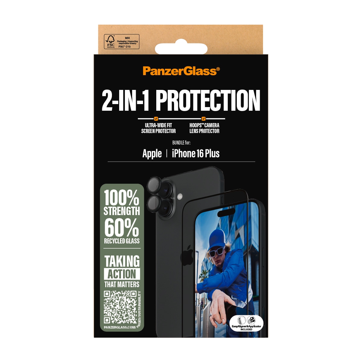PanzerGlass Displayschutzglas »2-in-1 Protection, Glass, Lens Protector«, für Apple iPhone 16 Plus, Displayschutzfolie, Schutzfolie, Bildschirmschutz, kratz- & stoßfest