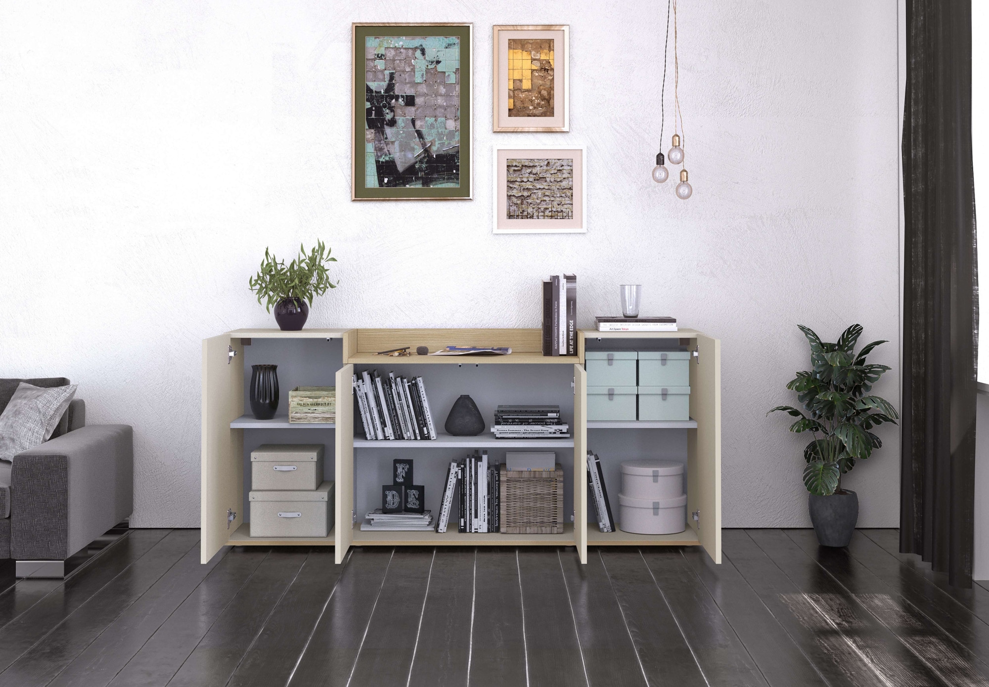 OTTO home Sideboard »BOLSENA, Kommode, Schrank,Lowboard mit 6 Fächer und offenes Ablagefach« 1 Stk. tlg. stehend/hängend montierbar, Made in Italy, B/T/H: 160 × 35 × 71,2 cm